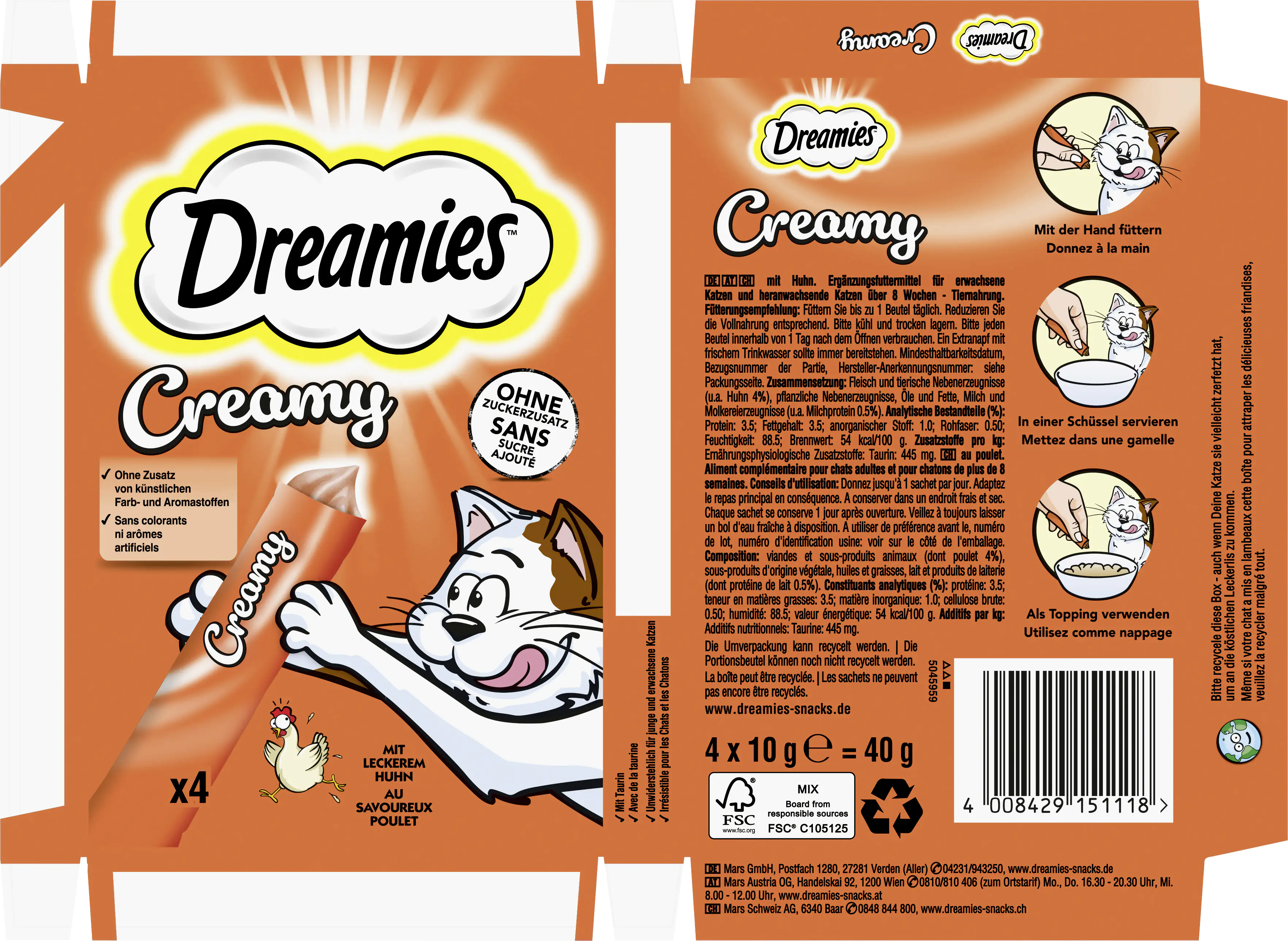 Dreamies Creamy Snacks mit Huhn Katzensnack 4 x 10 g Multipack Dreamies Creamy Snacks mit Huhn Katzensnack 4 x 10 g Multipack