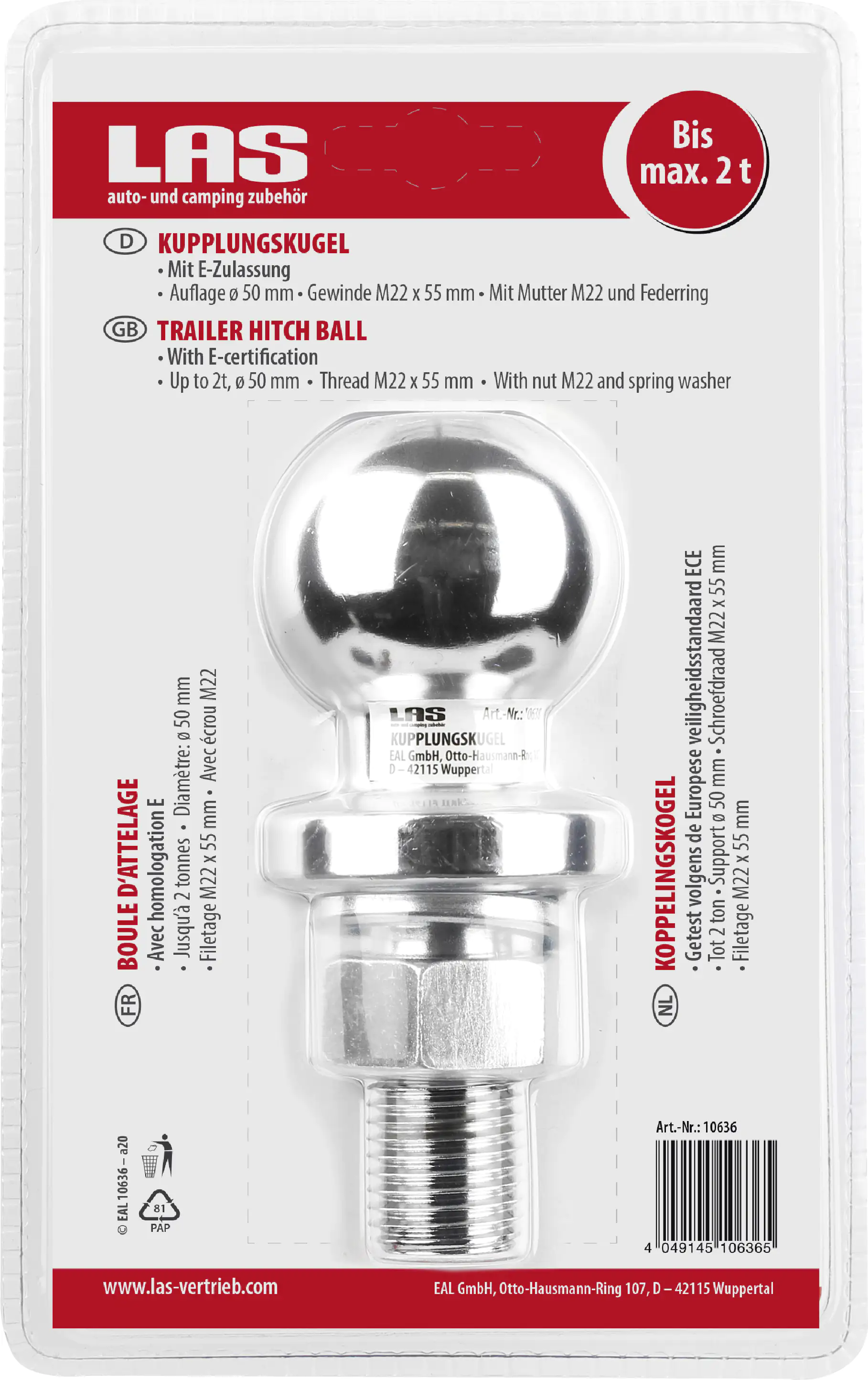 LAS Kupplungskugel bis 2000 kg mit M22 Gewinde mit Mutter und Federring