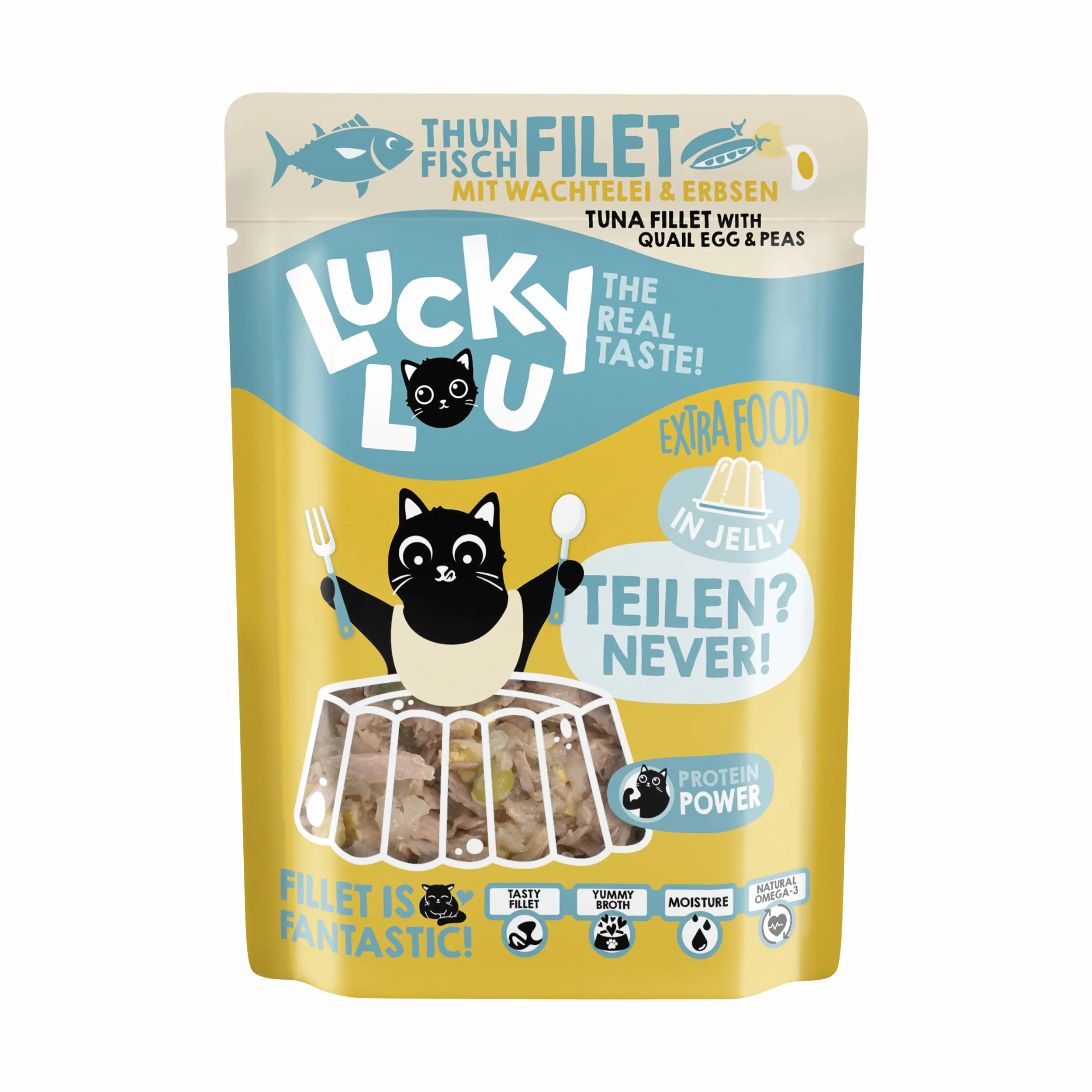 Lucky Lou Extrafood Katzennassfutter Adult getreidefrei 70 g Thunfisch mit Wachtelei & Erbsen in Jelly