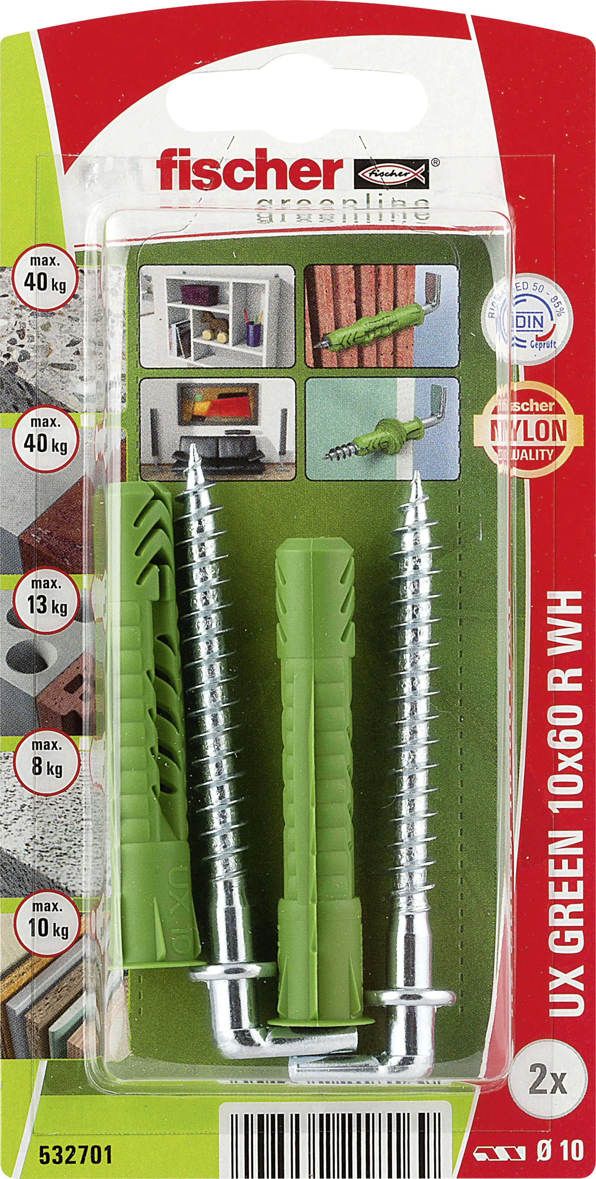 Fischer Universaldübel UX Green R WH 10 x 60 mm mit Rand & Winkelhaken - 2 Stück