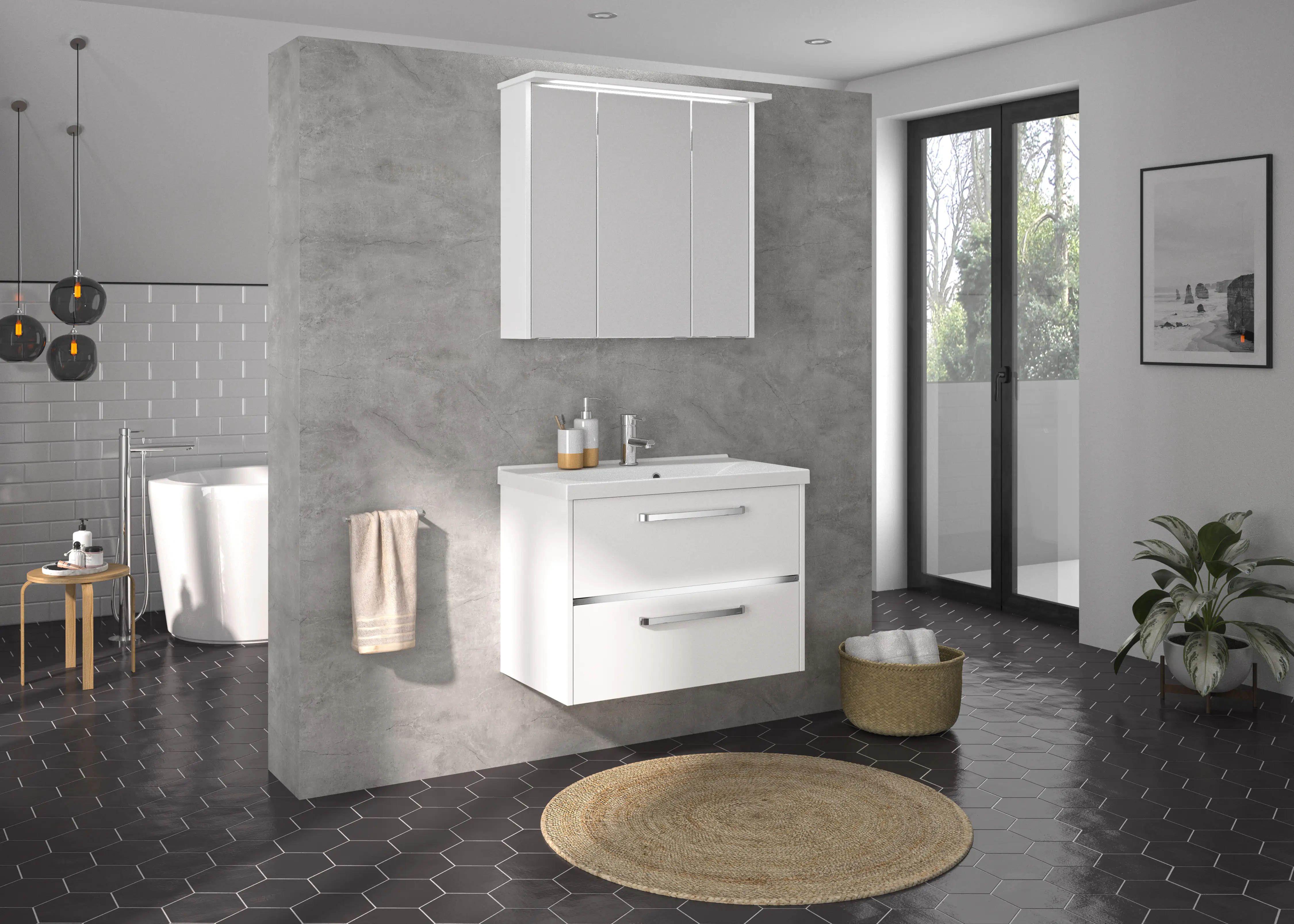 4017026170361 Primaster Badmöbel-Set Berlin weiß 77 cm Twin LED, Mineralgusswaschtisch