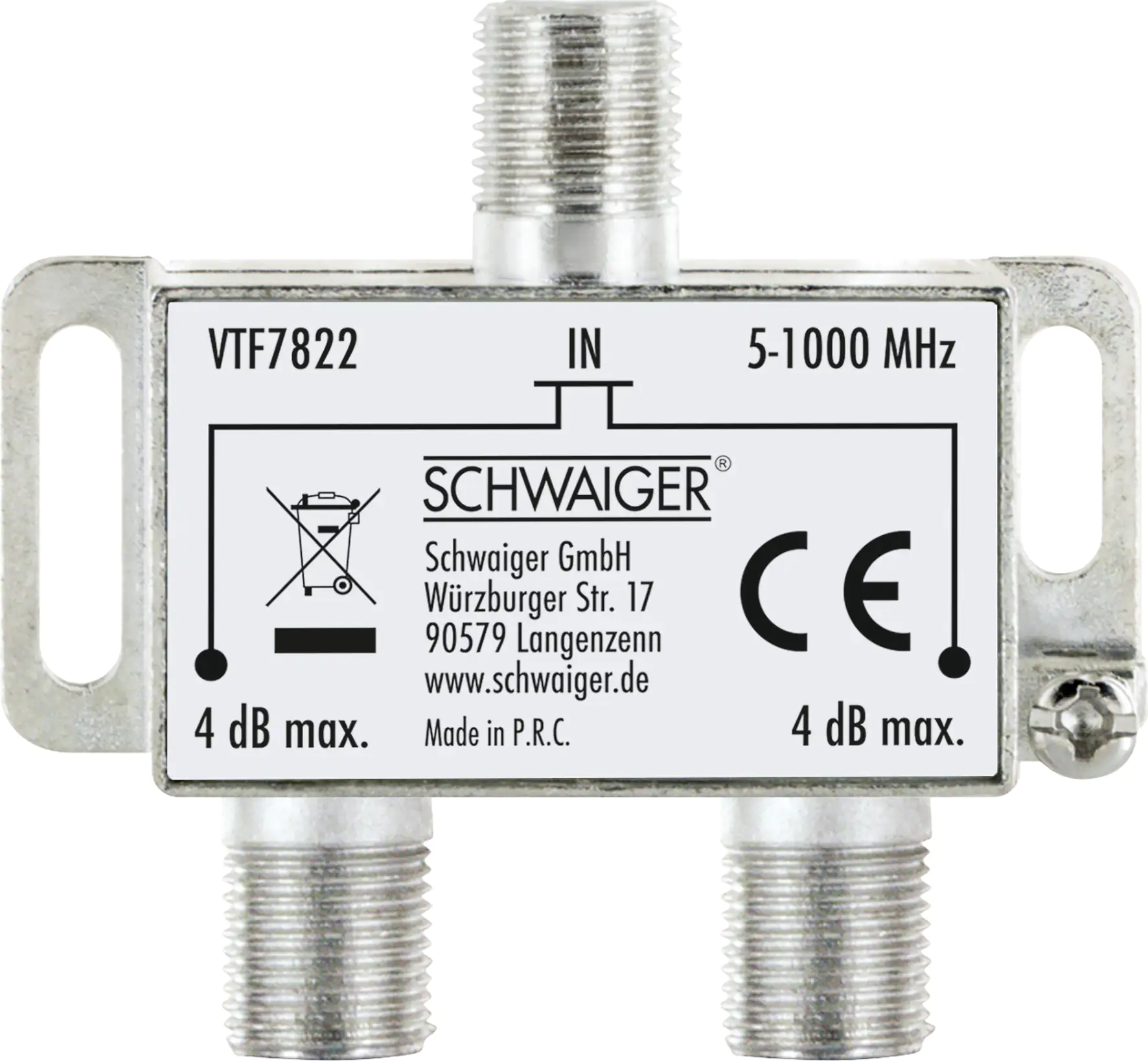 Schwaiger Verteiler VTF7822 531 2-fach 1x F Buchse auf 2x F Buchse, Dämpfung max. 4dB Schwaiger Verteiler VTF7822 531 2-fach 1x F Buchse auf 2x F Buchse, Dämpfung max. 4dB