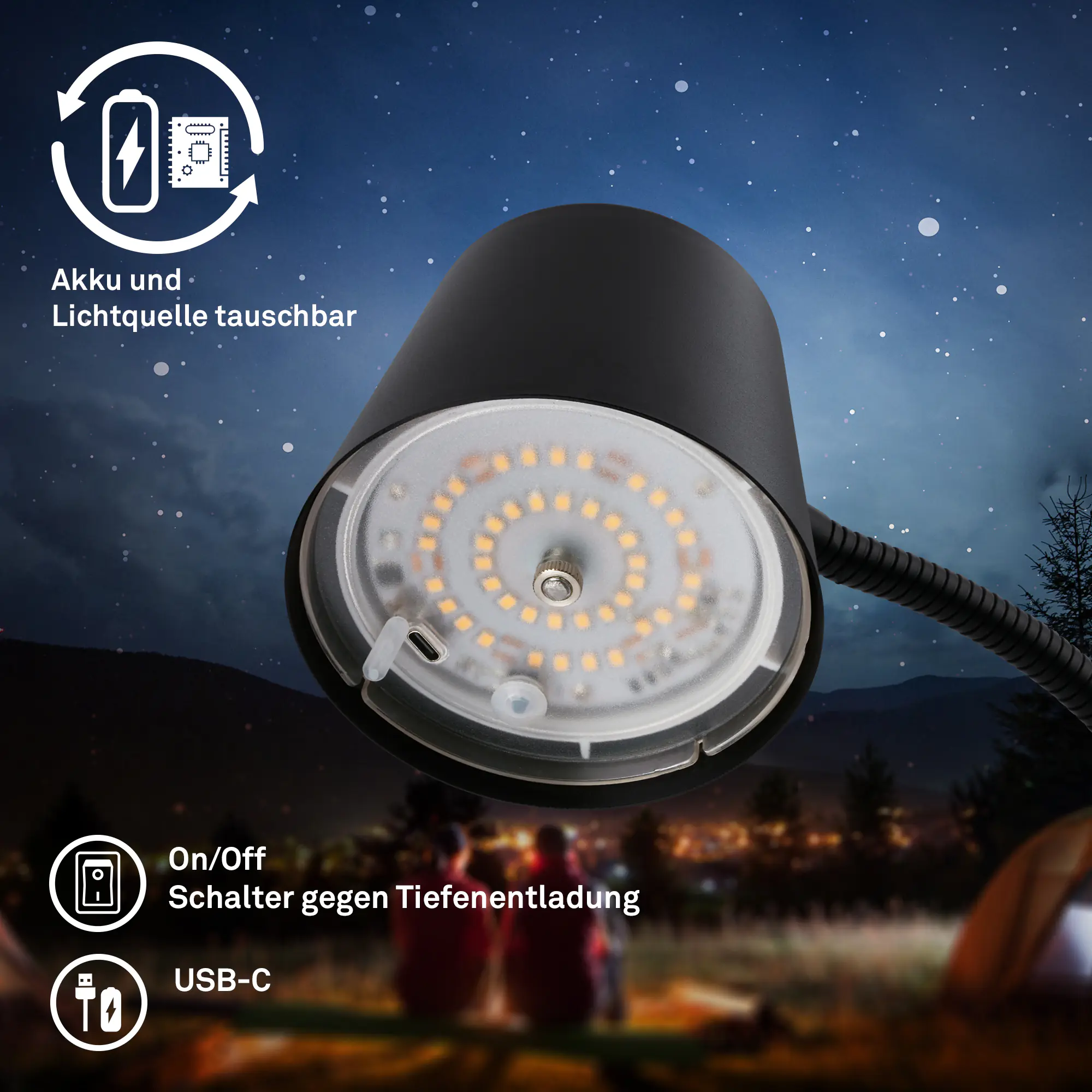Brilloner LED-Akku-Stehleuchte Cielo 5,5 W Metall schwarz warmweiß