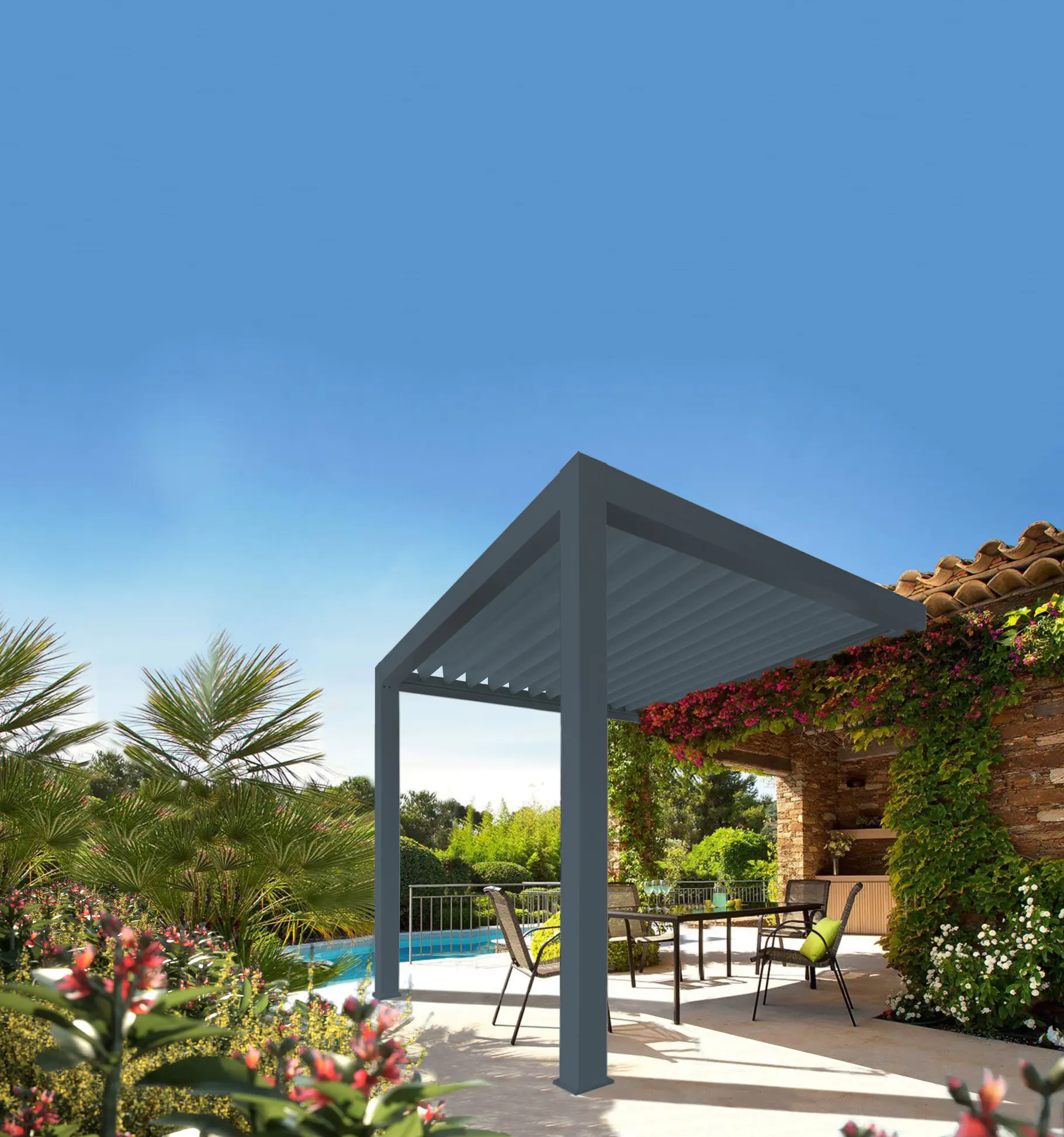 Lamellen Terrassenüberdachung 480 x 367,1 x 273 cm grau