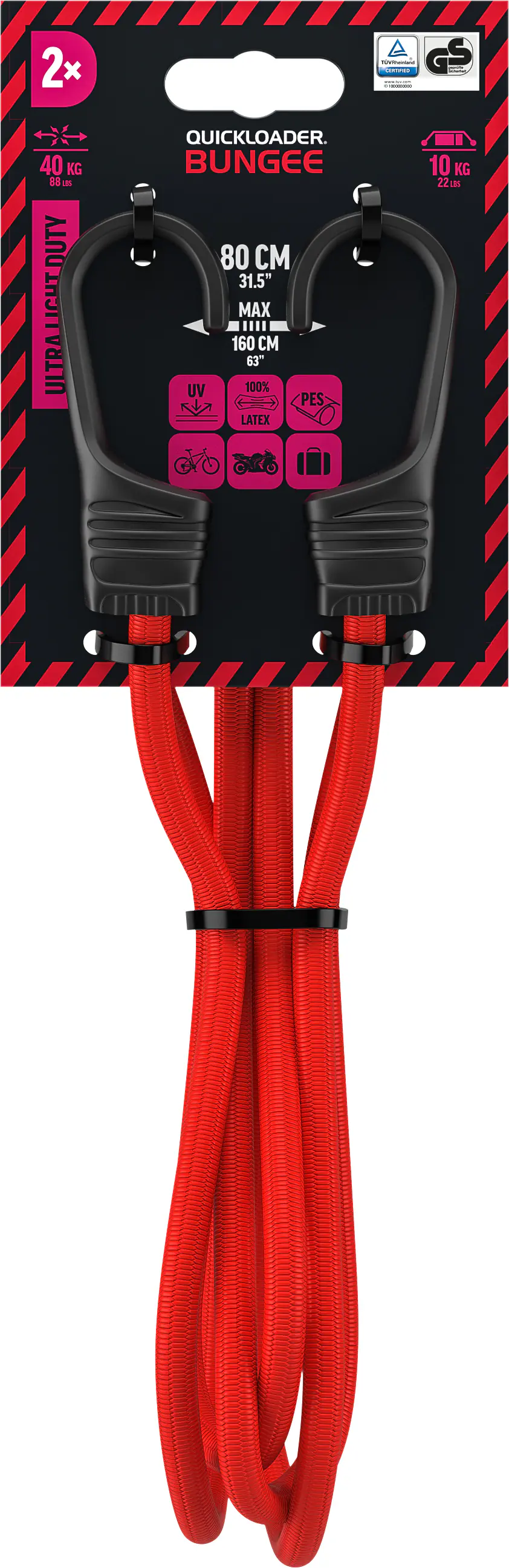 QUICKLOADER® Gummiseil Bungee 8 mm x 80 cm 2 Stück rot