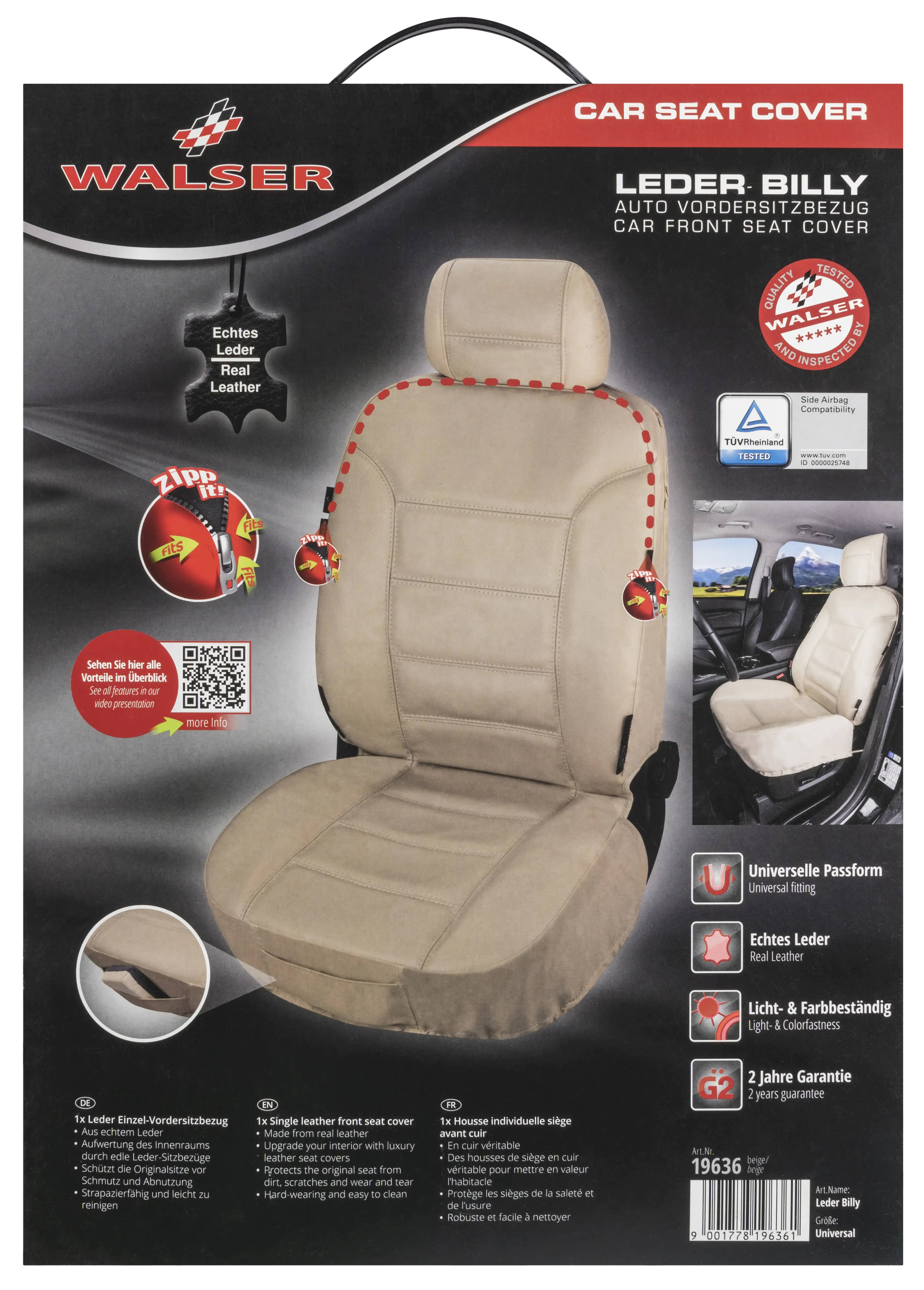 9001778196361_02 Walser Autositzbezug Billy aus echtem Leder beige ZIPP-IT 2-teilig