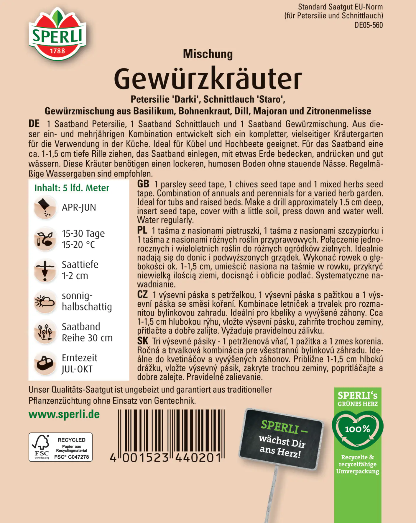 Sperli Gewürzkräuter-Kombination Saatband Sperli Gewürzkräuter-Kombination Saatband
