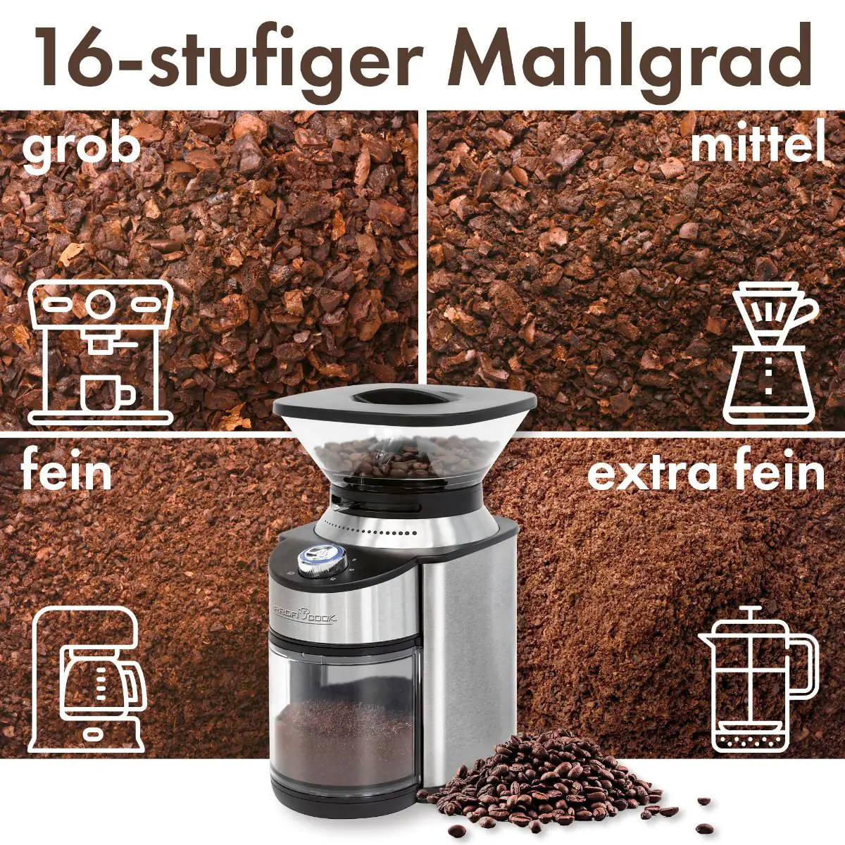 Proficook elektrische Kaffeemühle PC-EKM 1205 Edelstahlmahlwerk, 200 Watt Proficook elektrische Kaffeemühle PC-EKM 1205 Edelstahlmahlwerk, 200 Watt