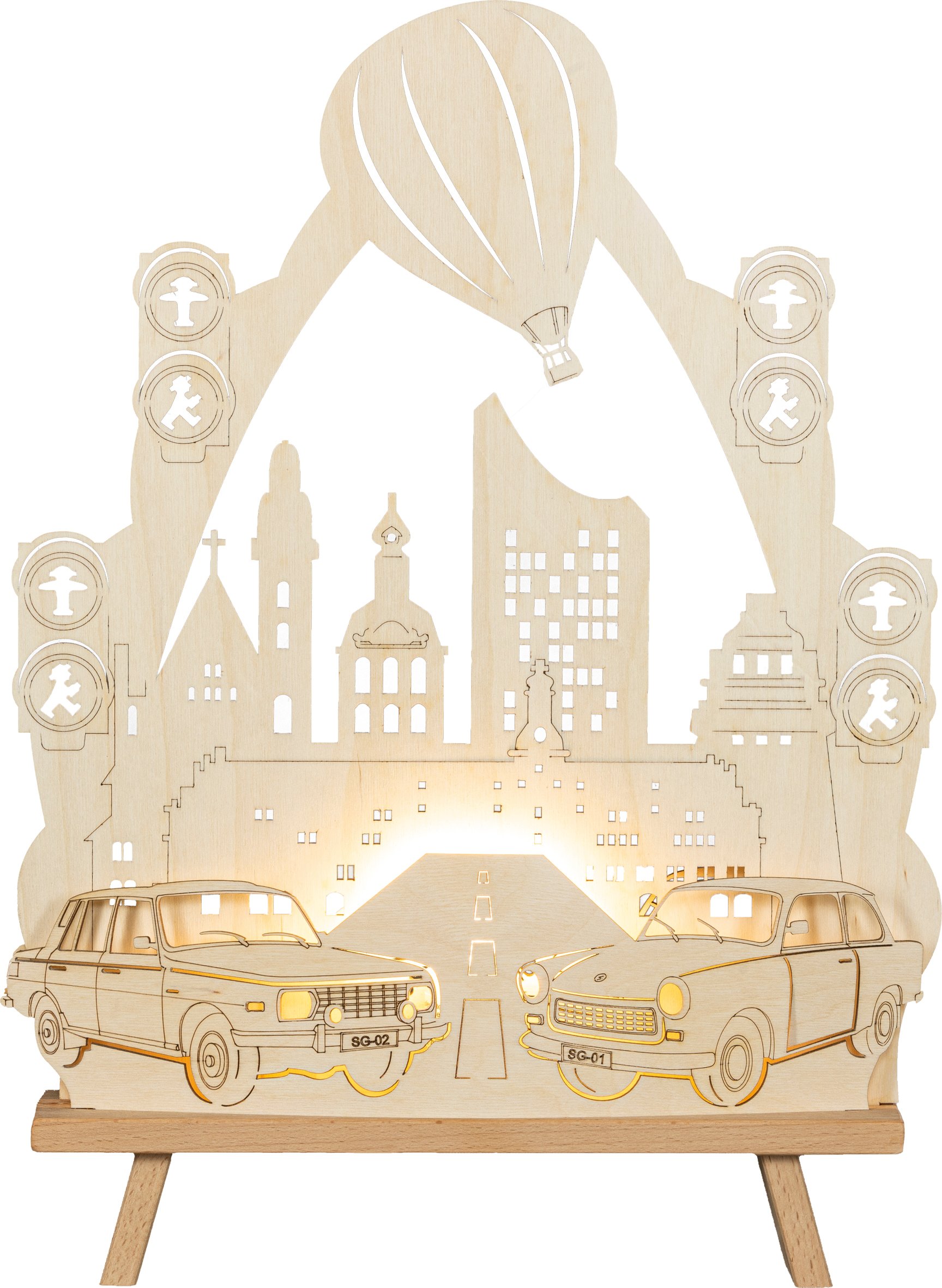 Saico LED-Dekoleuchte Trabant und Wartburg Holz 44 cm warmweiß natur