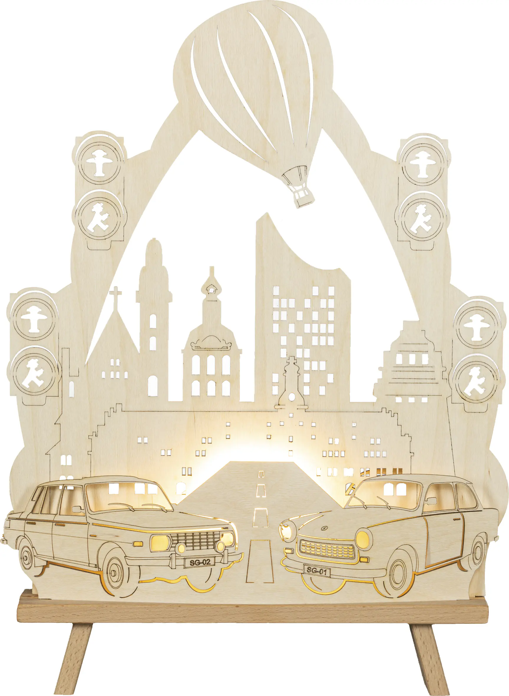 Saico LED-Dekoleuchte Trabant und Wartburg Holz 44 cm warmweiß natur