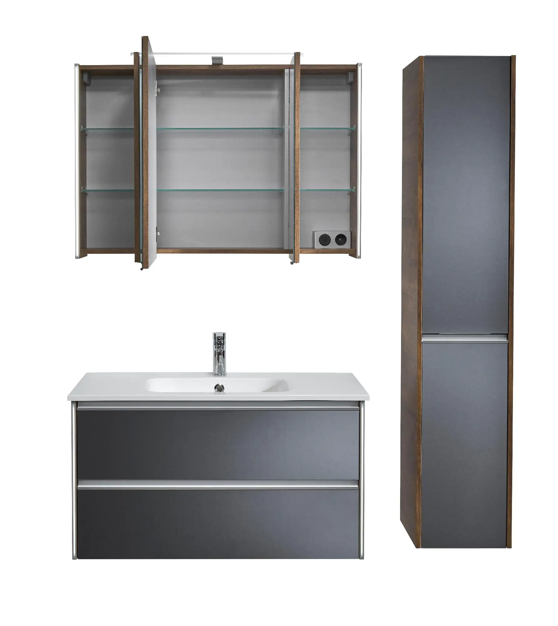 Pelipal Badmöbel-Set 6040 Stahlgrau/Eiche Ribbeck mit LED-Profil + Hochschrank 137 cm