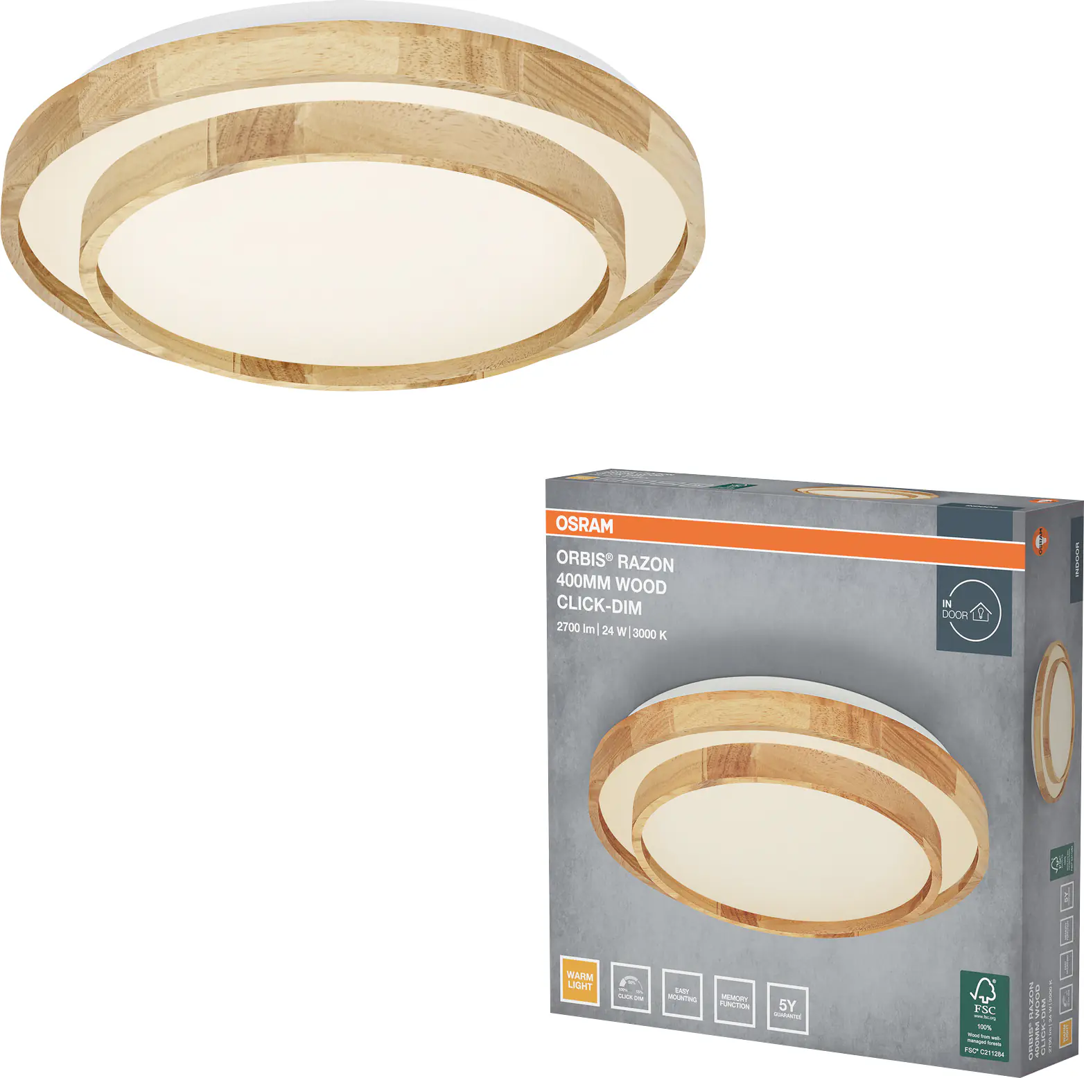 Osram LED-Deckenleuchte Orbis Razon Wood Ø40 cm 24W Holzdekor dimmbar