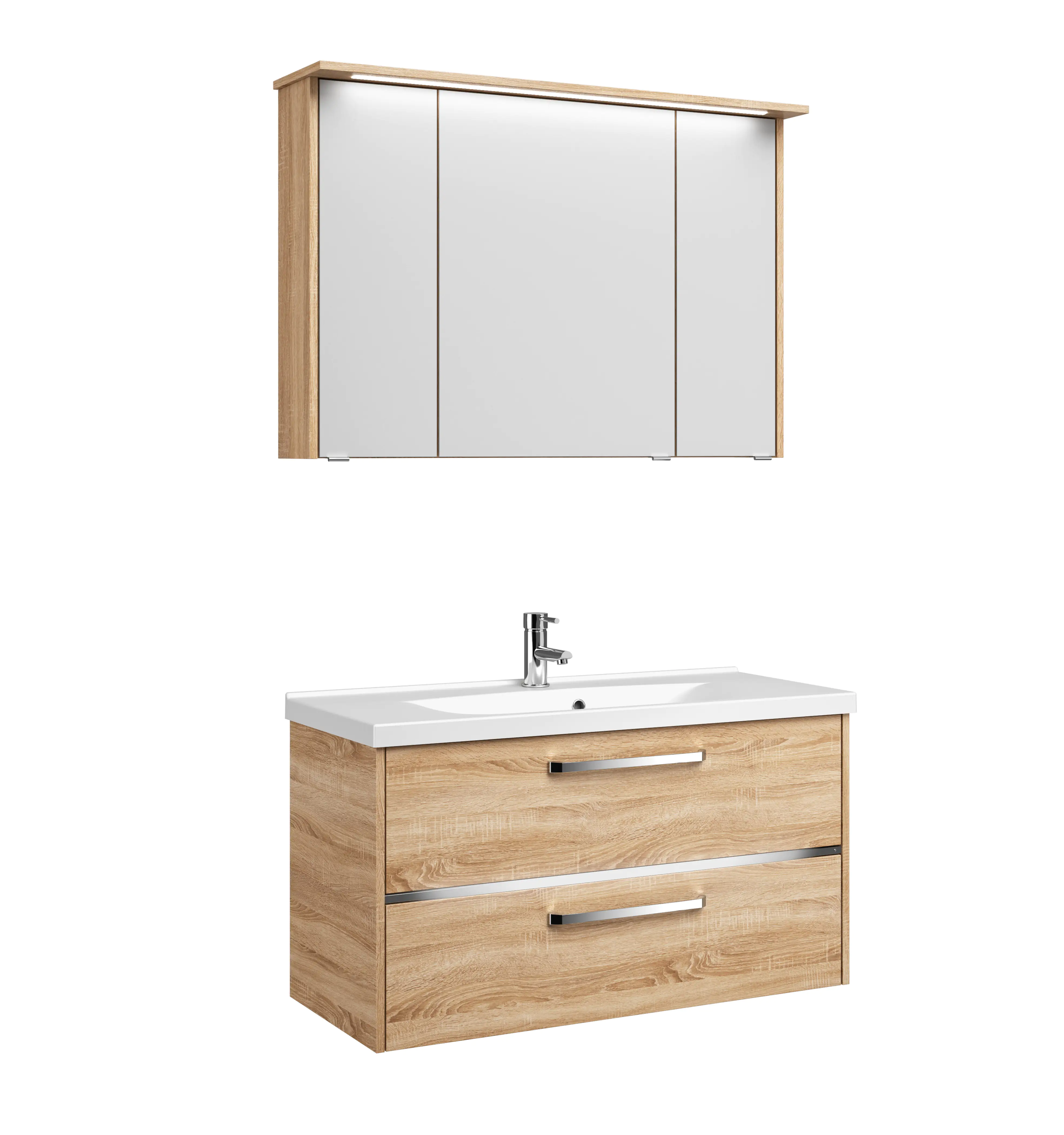 Primaster Badmöbelset Berlin eiche 105 cm Twin LED, Mineralgusswaschtisch