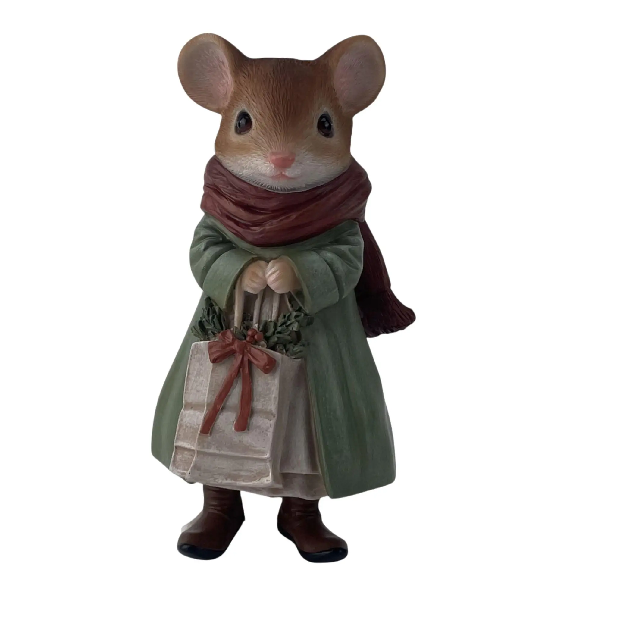 Dekofigur Maus mit Tasche klein 19 x 10 cm braun/grün