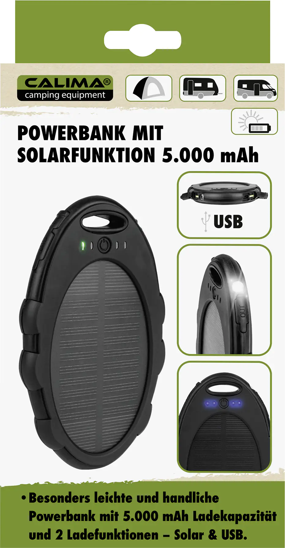 Calima Powerbank mit Solarfunktion 5000mAh mit starkem LED Licht