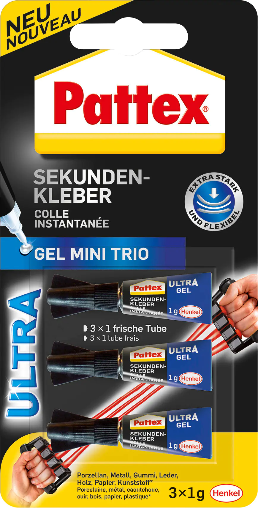 Pattex Sekundenkleber Ultra Gel Mini Trio 3 x 1 g Tube, farblos