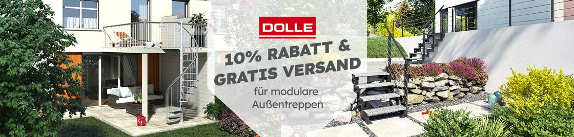 DOLLE: 10% Rabatt & gratis Versand für modulare Außentreppen, gezeigt an Hausfassade mit Balkon und zwei Außentreppen.