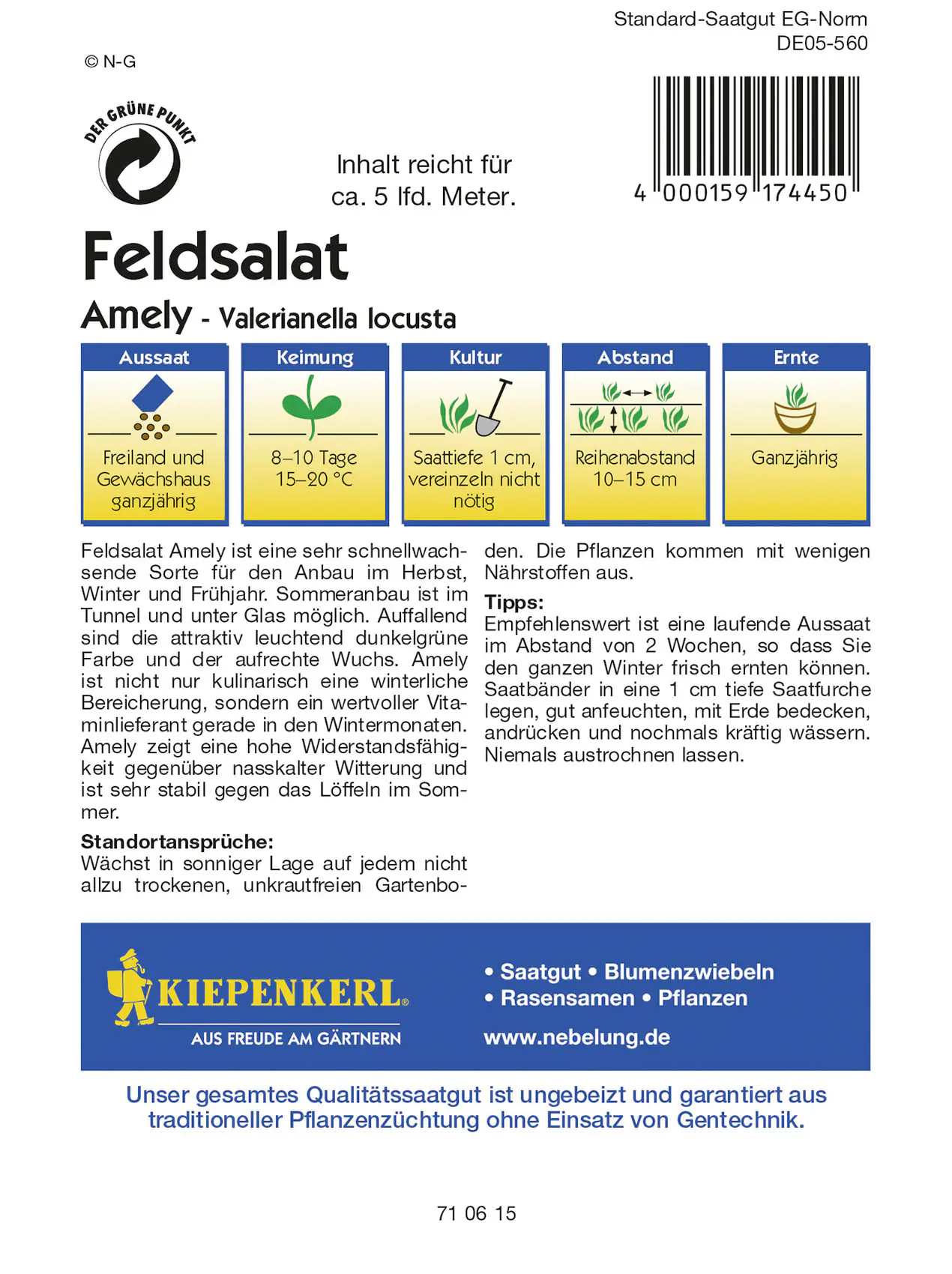 Kiepenkerl Feldsalat Amely Valerianella locusta, Inhalt: ca. 5 lfd. Meter