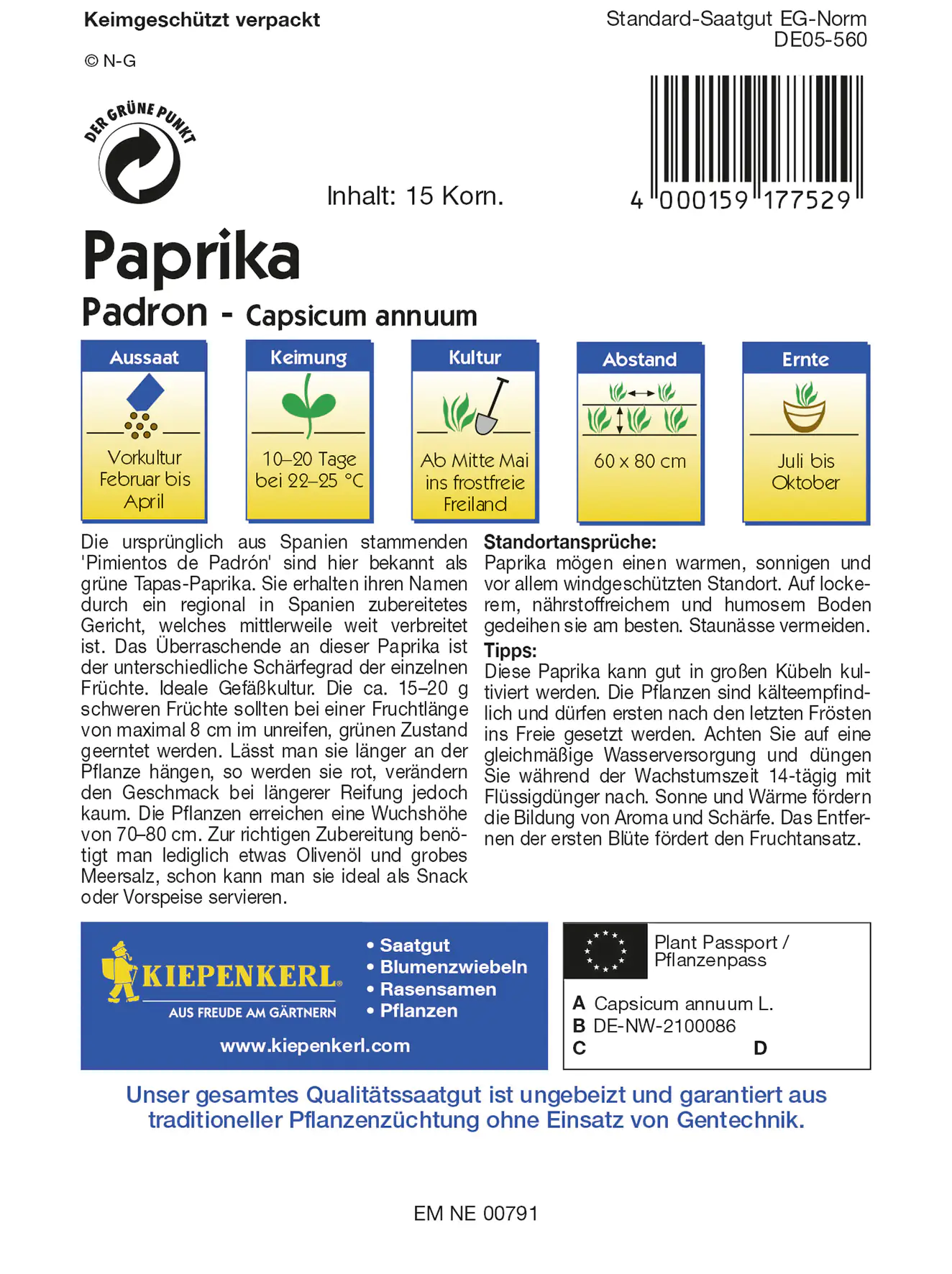 Kiepenkerl Paprika Padron Inhalt reicht für 15 Korn