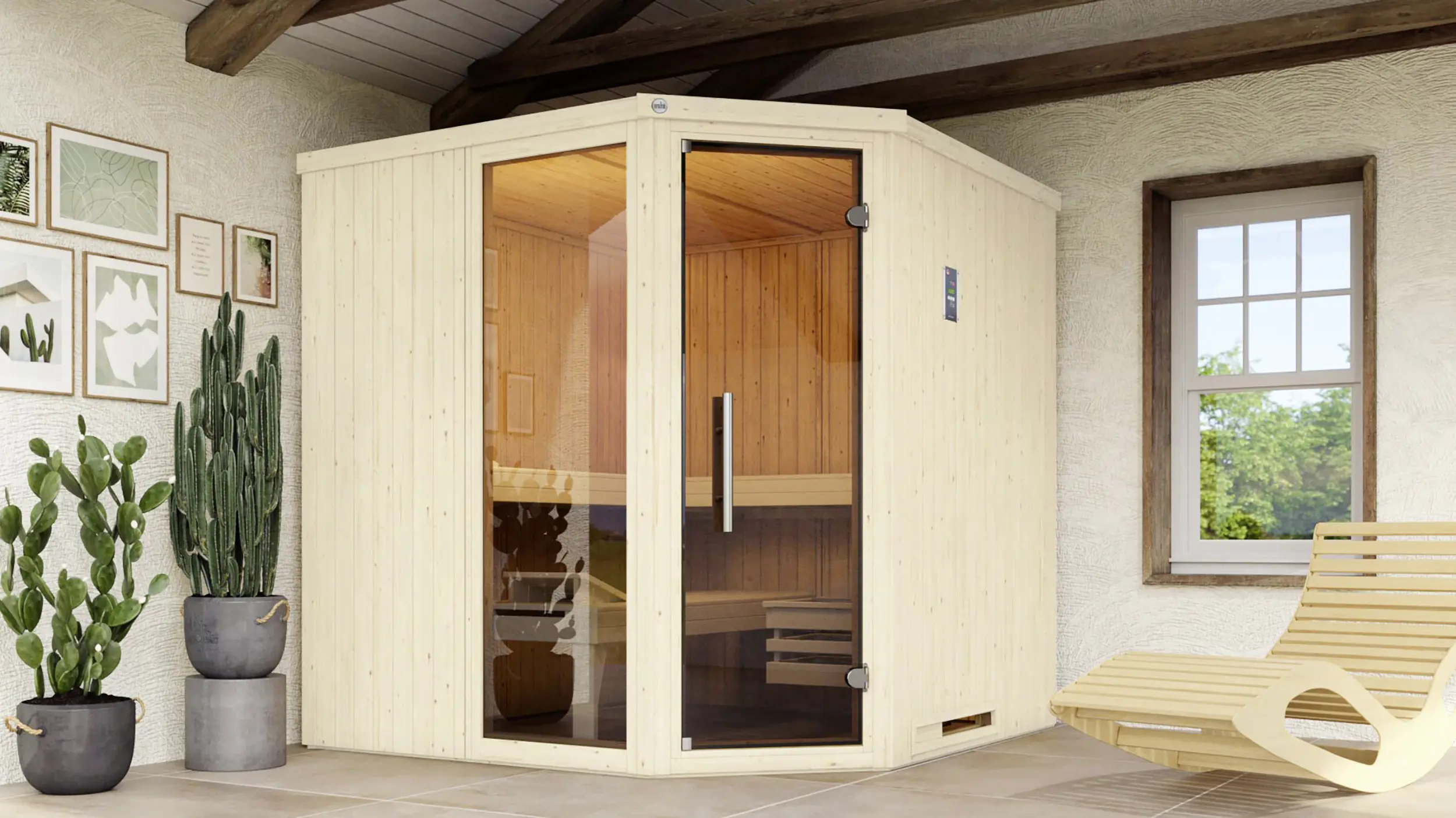 Weka Sauna Varberg 3 mit Glastür & Fenster 3,69 m² + 7,5 kW Ofen BioS
