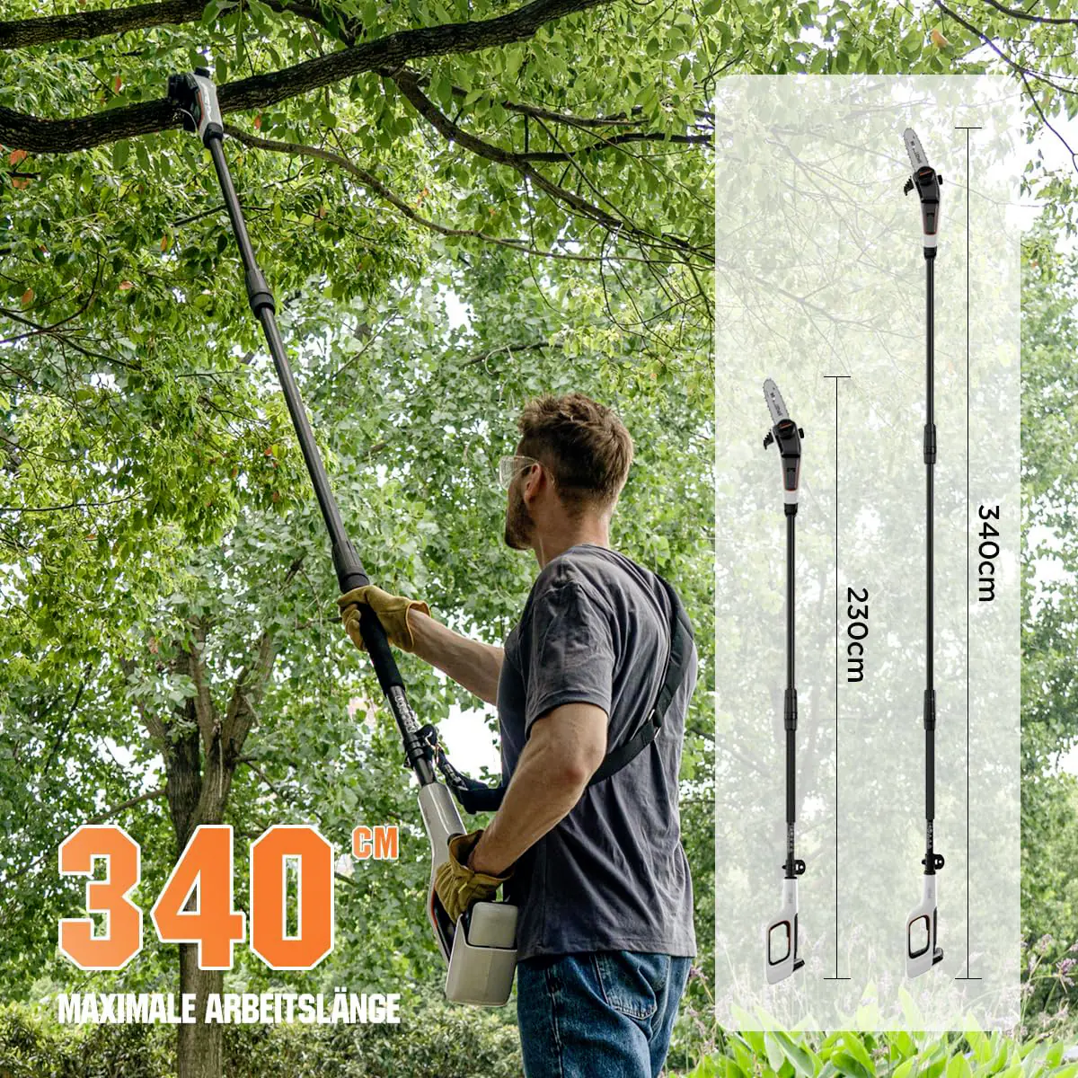 Litheli Akku-Hochentaster, 2 Ah, Schwertlänge: 200 mm, Länge Stiel: 340 cm