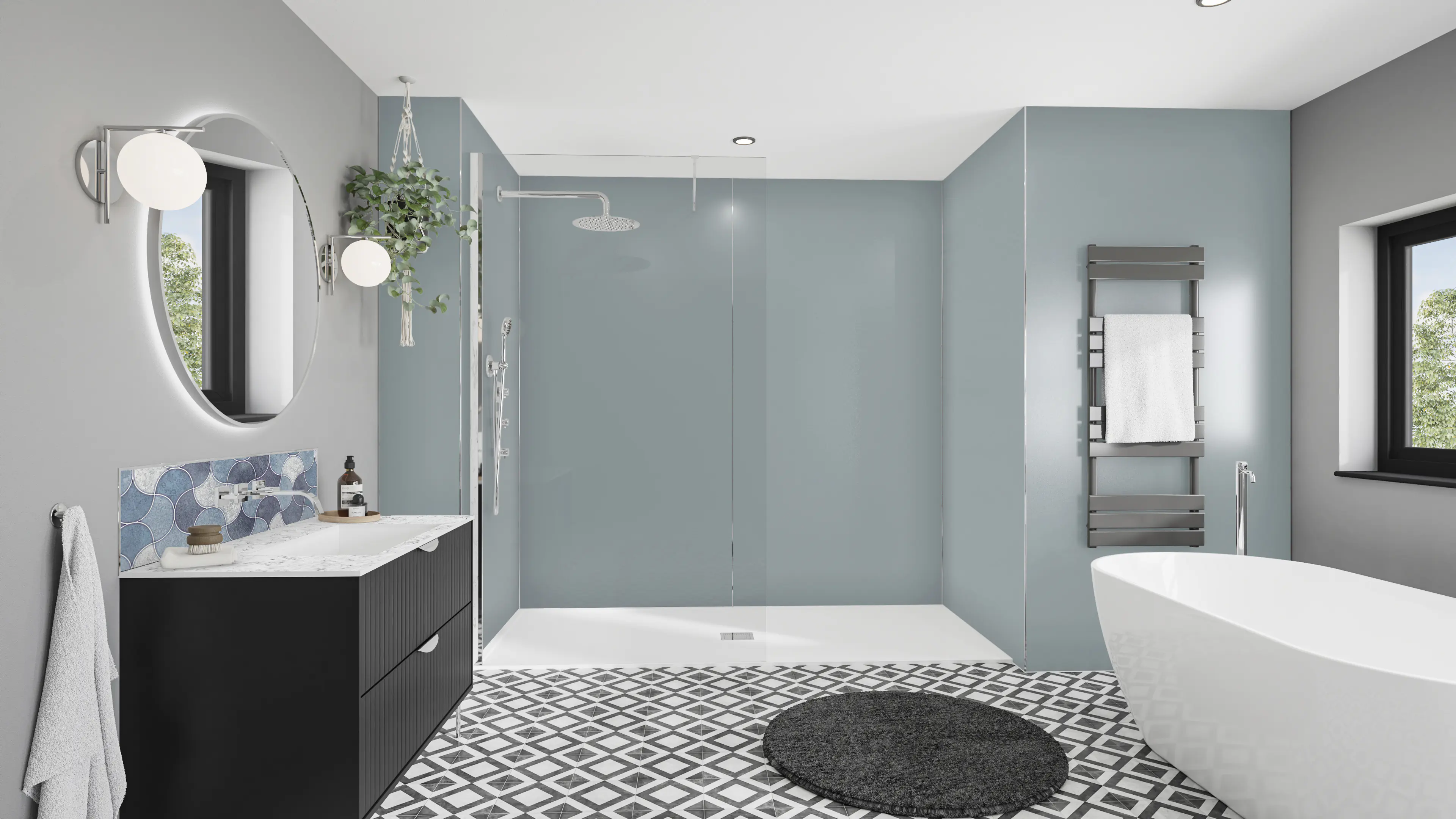 Wetwall Alloy Duschrückwand Glacier White/Neptune Blue 90 x 244 cm 