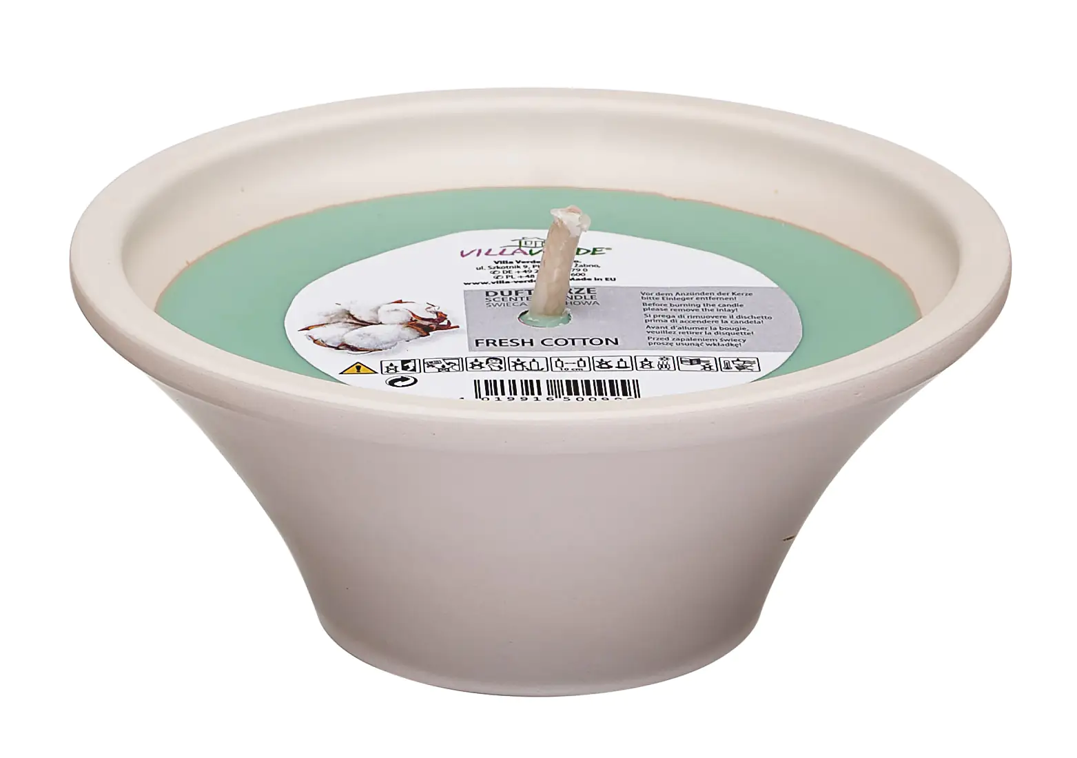 4019916500999 Villa Verde Duftkerze in Keramikschale Fresh Cotton, Höhe: 8 cm, Ø 18 cm