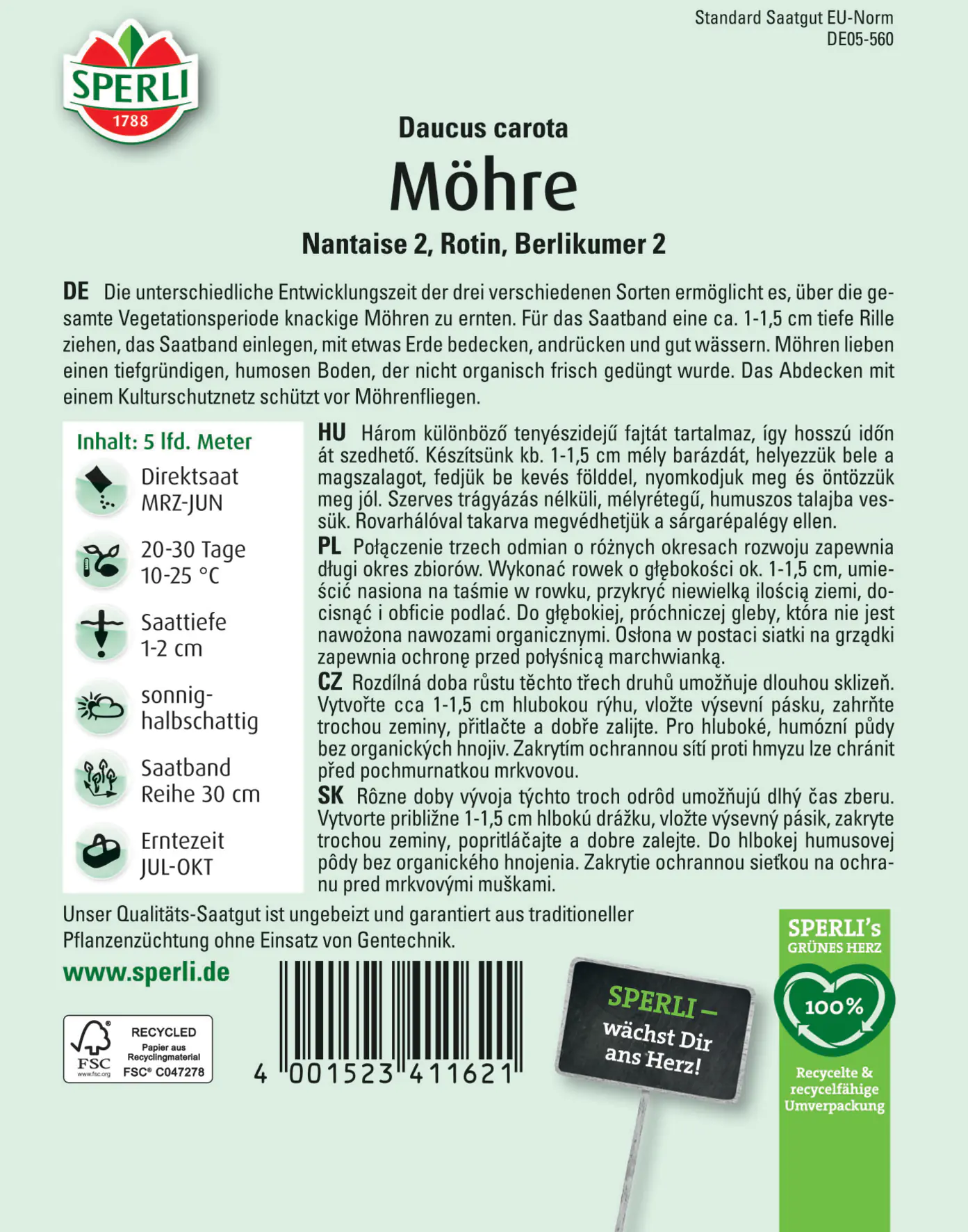 Sperli Möhre Sortiment 3 Sorten Saatband