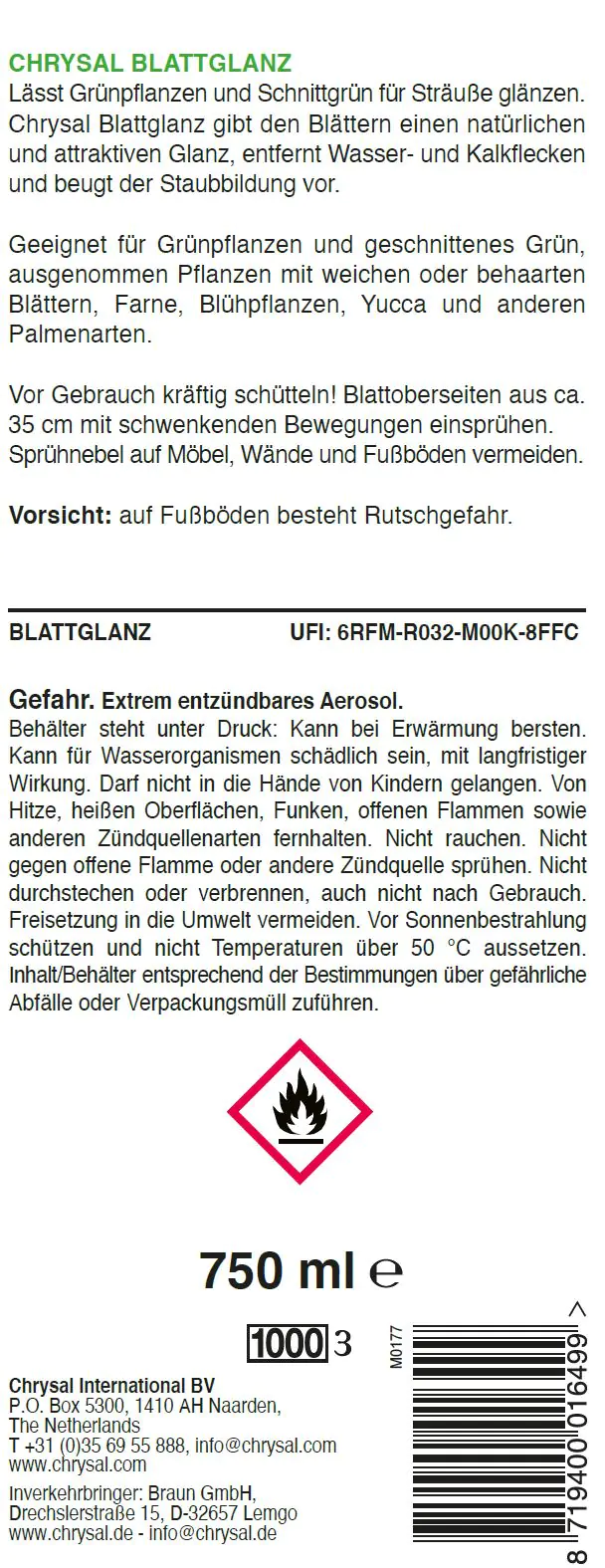 Chrysal Pflanzenspray Blattglanz 750 ml