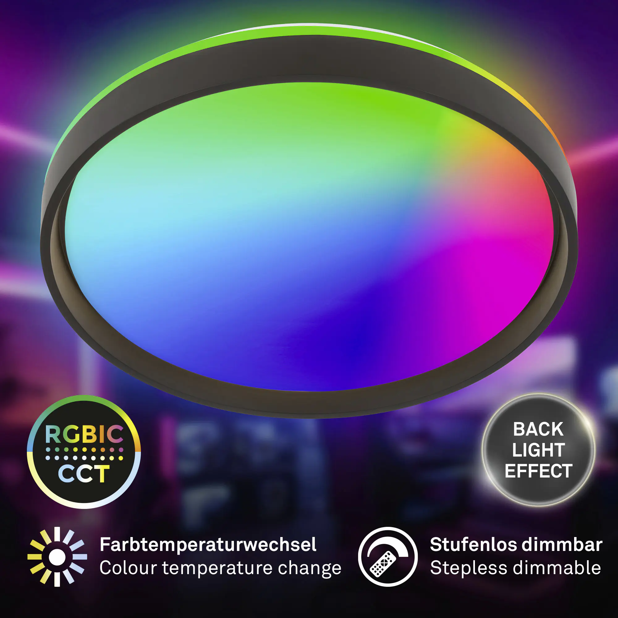 Briloner LED-Deckenleuchte Jus Ø48,5 cm schwarz matt RGB dimmbar