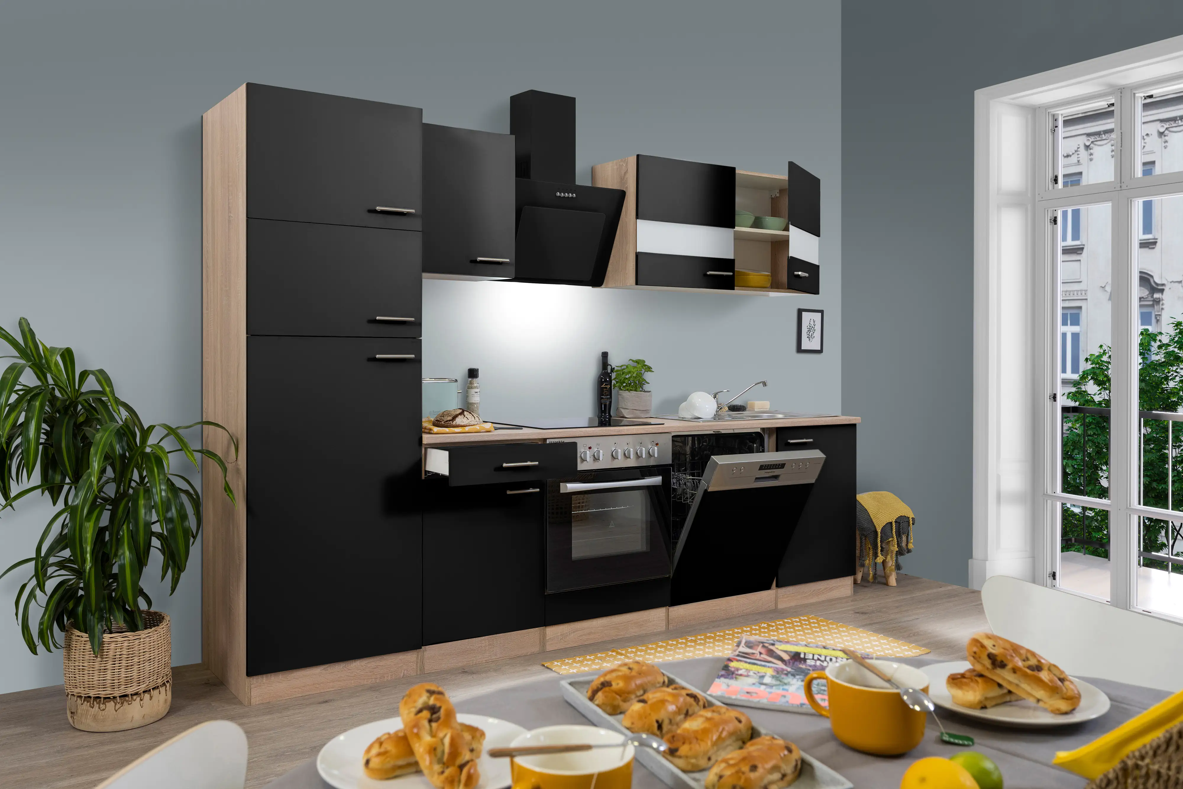 4260407699276_2825854 Respekta Economy Küchenblock 280 cm schwarz, Eiche Sonoma, KB280ESSCGKE