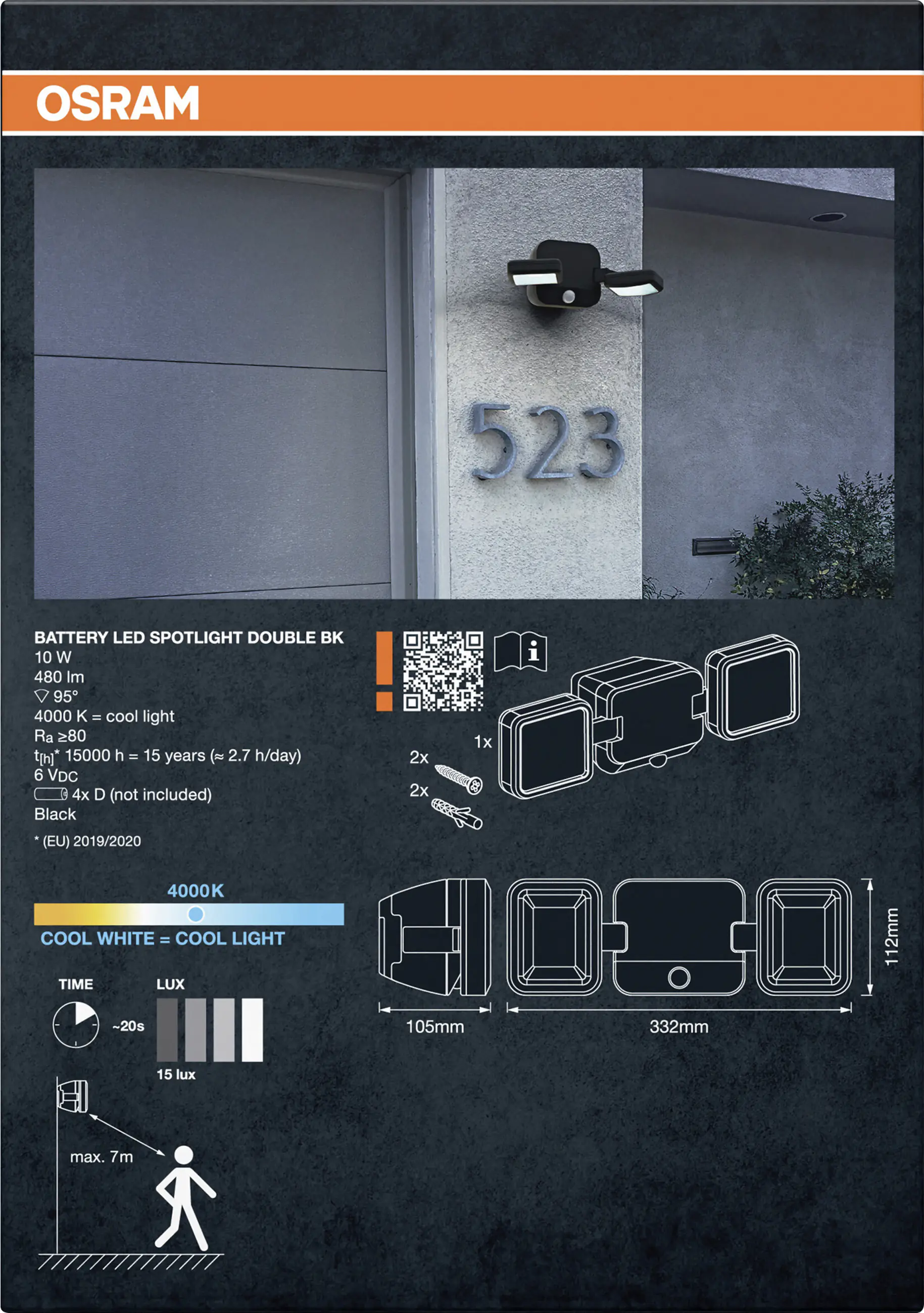 Osram LED-Außenleuchte Battery Spotlight mit Licht- & Bewegungssensor 33,2 cm kaltweiß schwarz