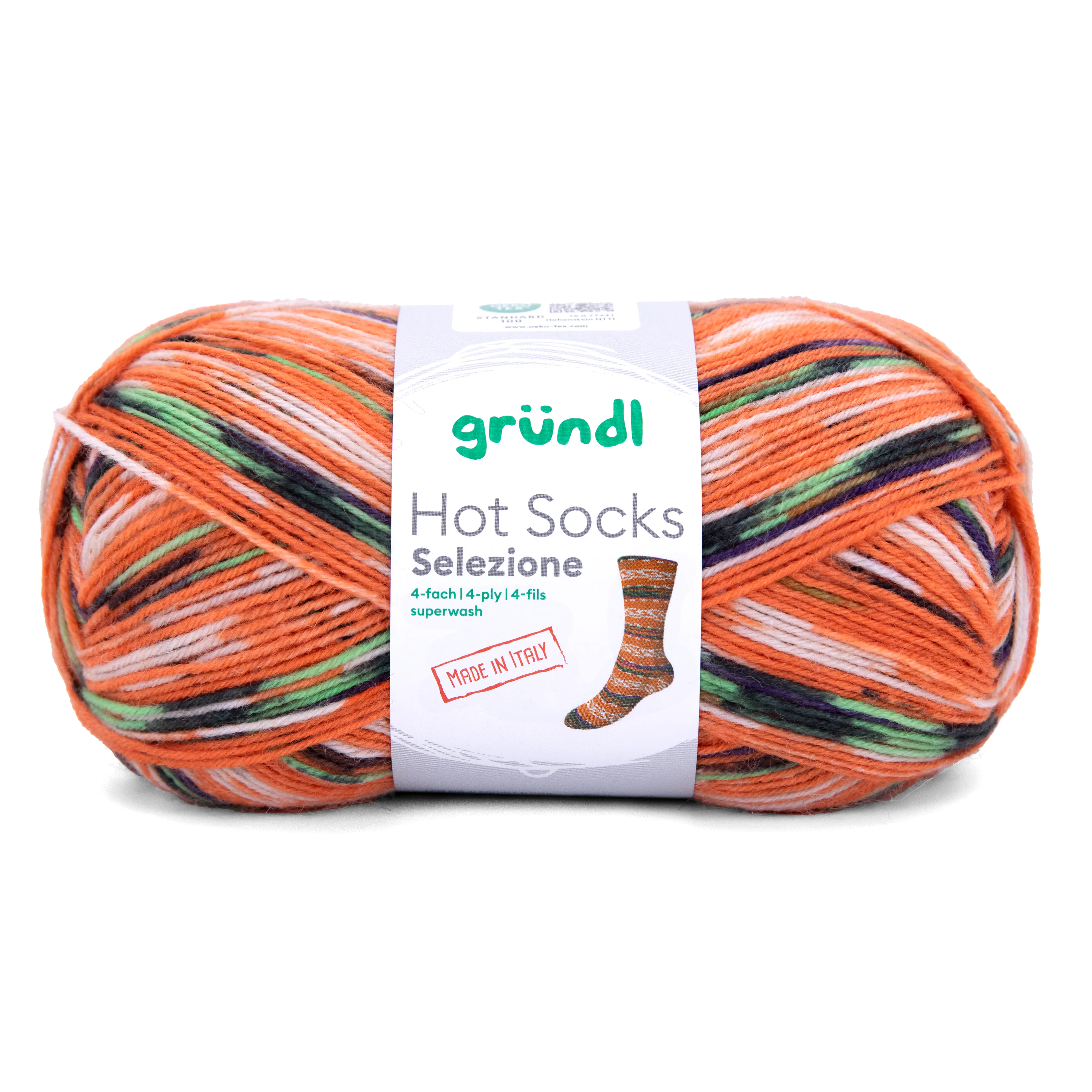 Gründl Sockenwolle Hot Socks 100 g 4-fach, lachsorange-weißgrün-indigo-tannengrün