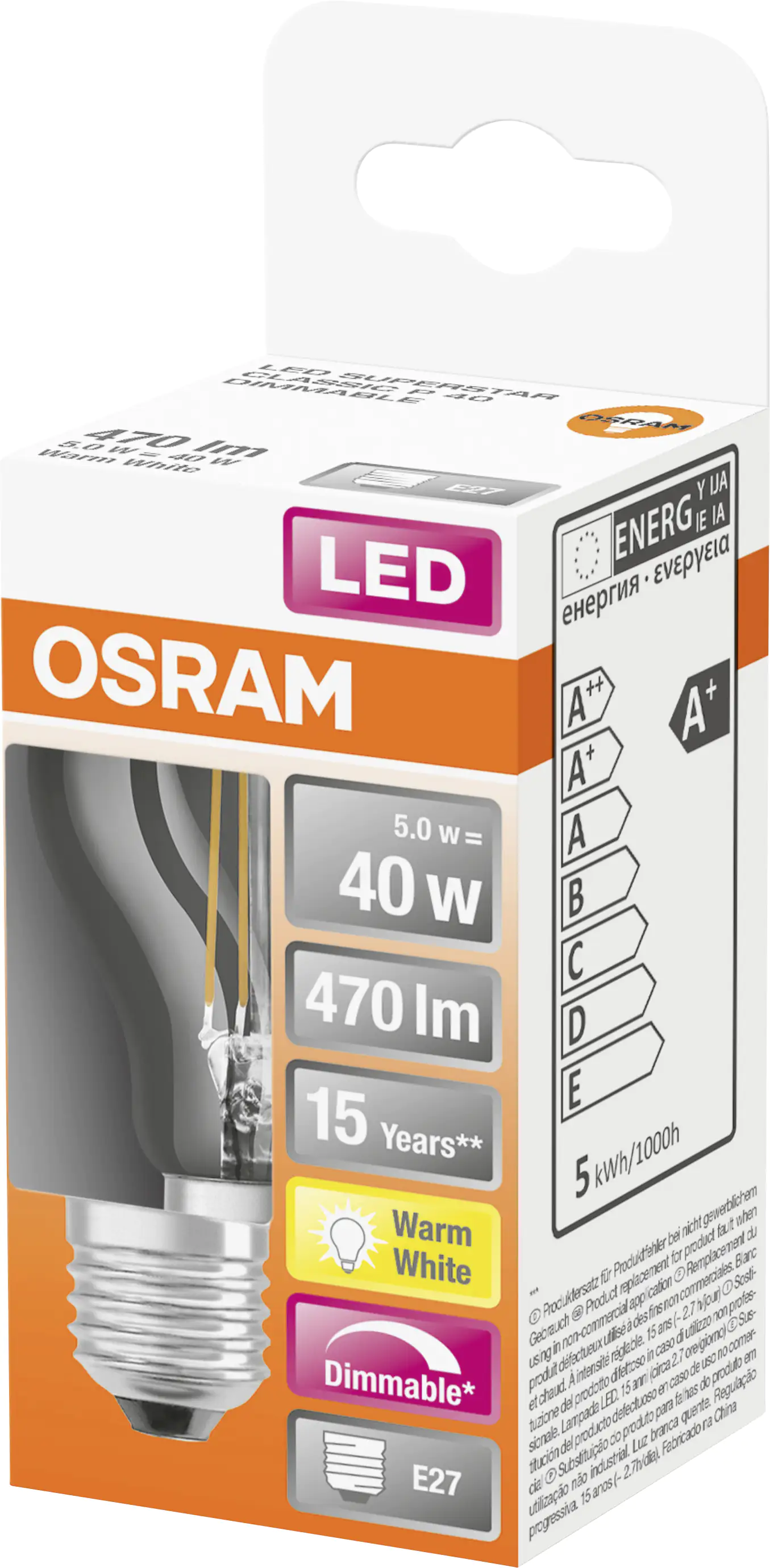 Osram LED Leuchtmittel Star Classic P40 E27 5W warmweiß, dimmbar, klar