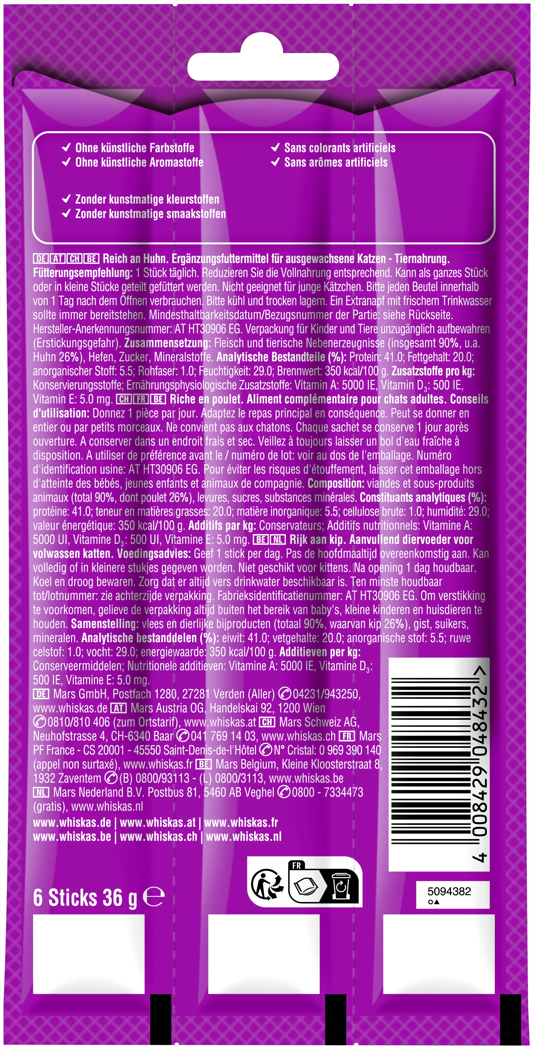 Whiskas Katzensnack Sticks Reich an Huhn 36 g / 6 Stück Whiskas Katzensnack Sticks Reich an Huhn 36 g / 6 Stück