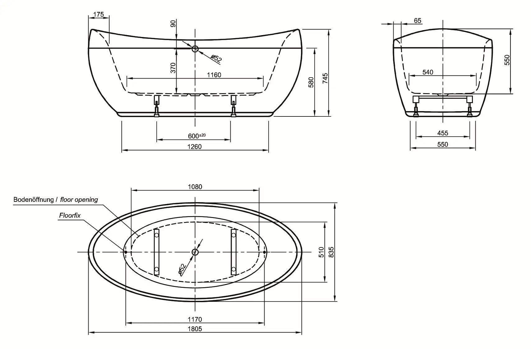 Ottofond Freistehende Badewanne Ventura 180,5 x 83,5 x 55 cm, weiß