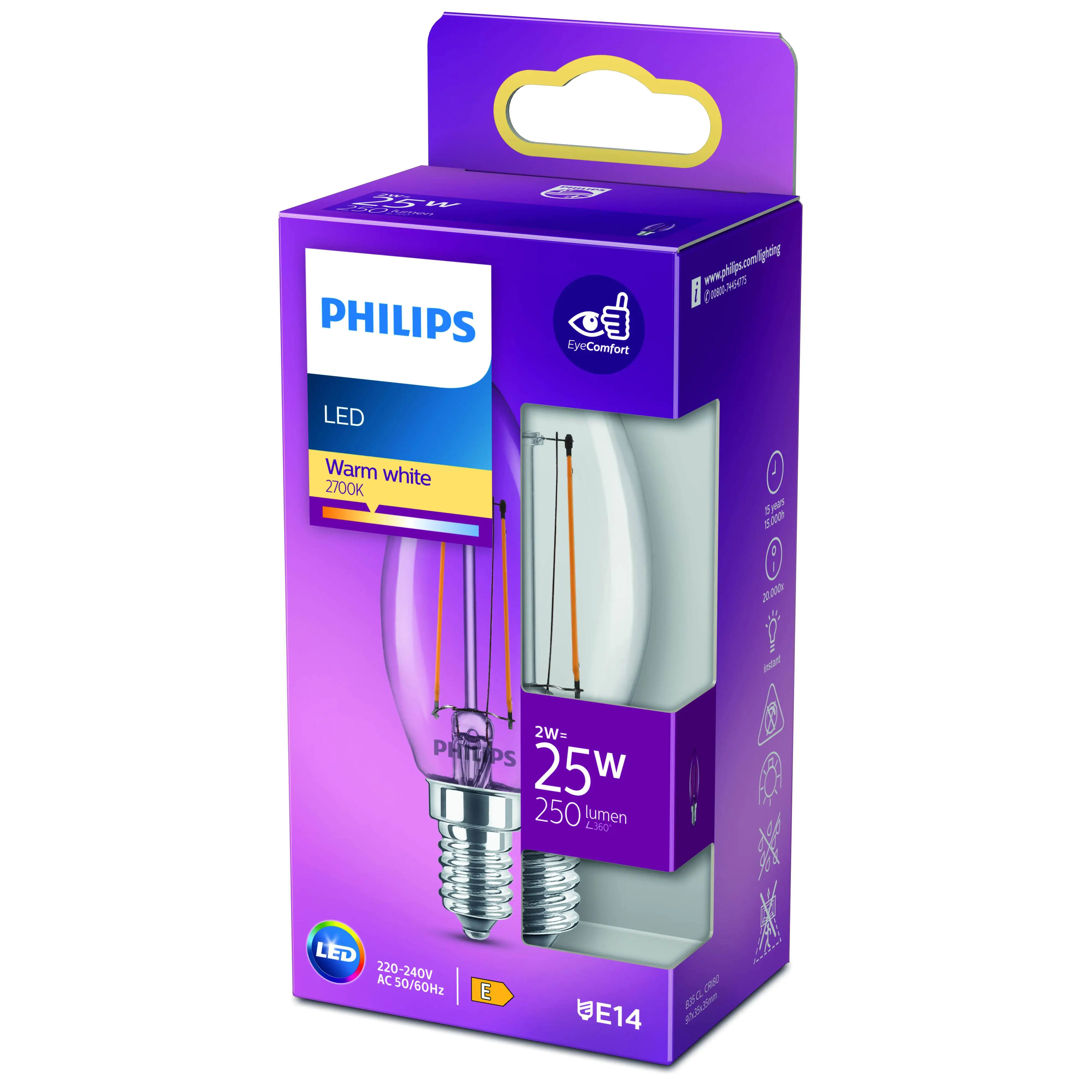Philips LED-Leuchtmittel Filament Kerzenform B35 E14 2W warmweiß