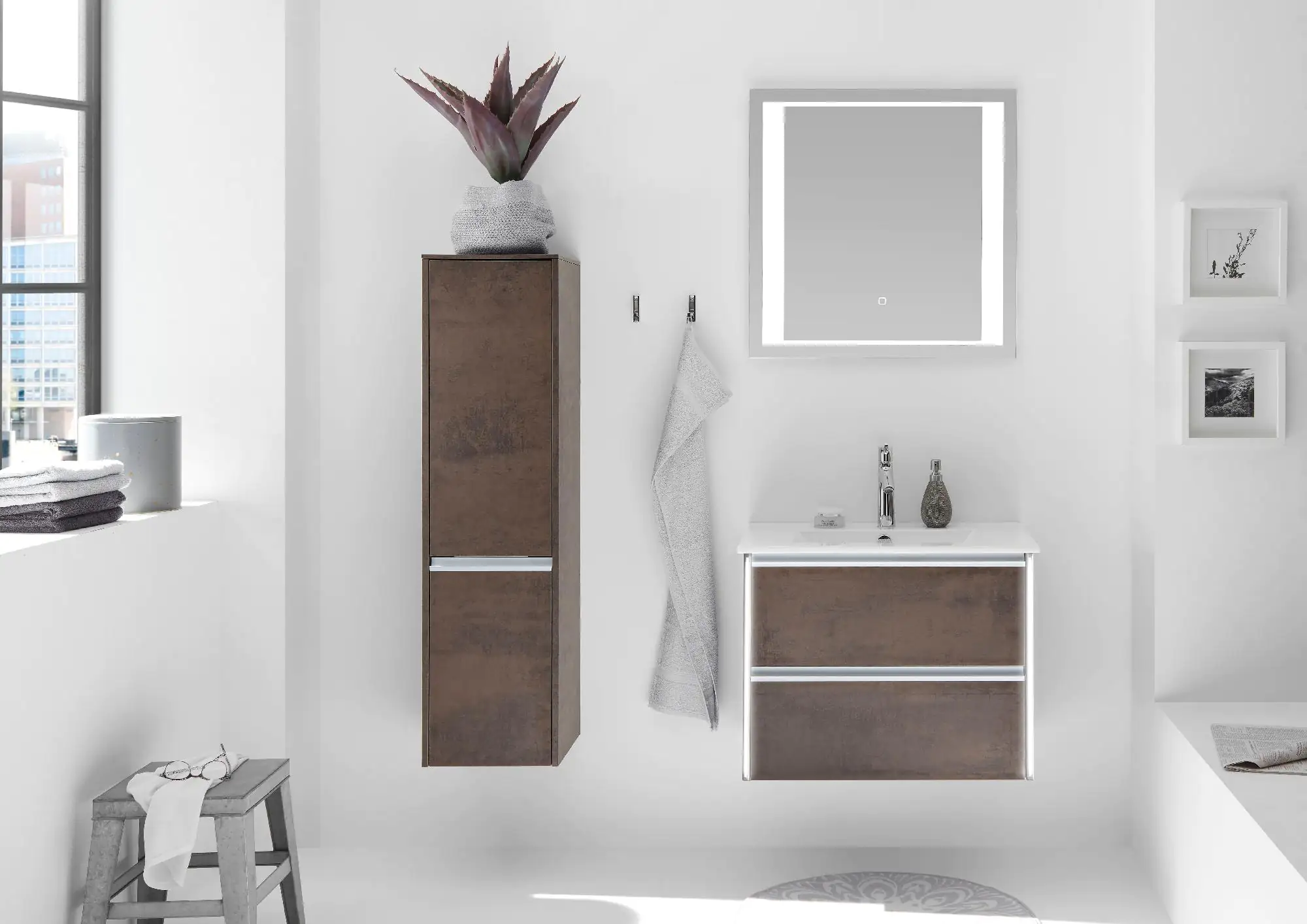 Pelipal Badmöbel-Set 6040 Oxid Ferro quer mit Funktionsspiegel + Midischrank 104 cm