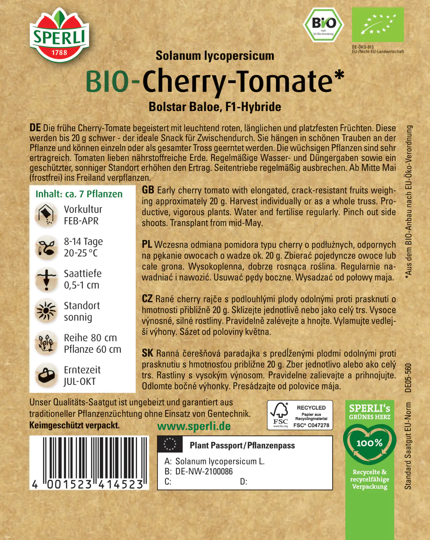 Sperli BIO Cherry-Tomate früh F1