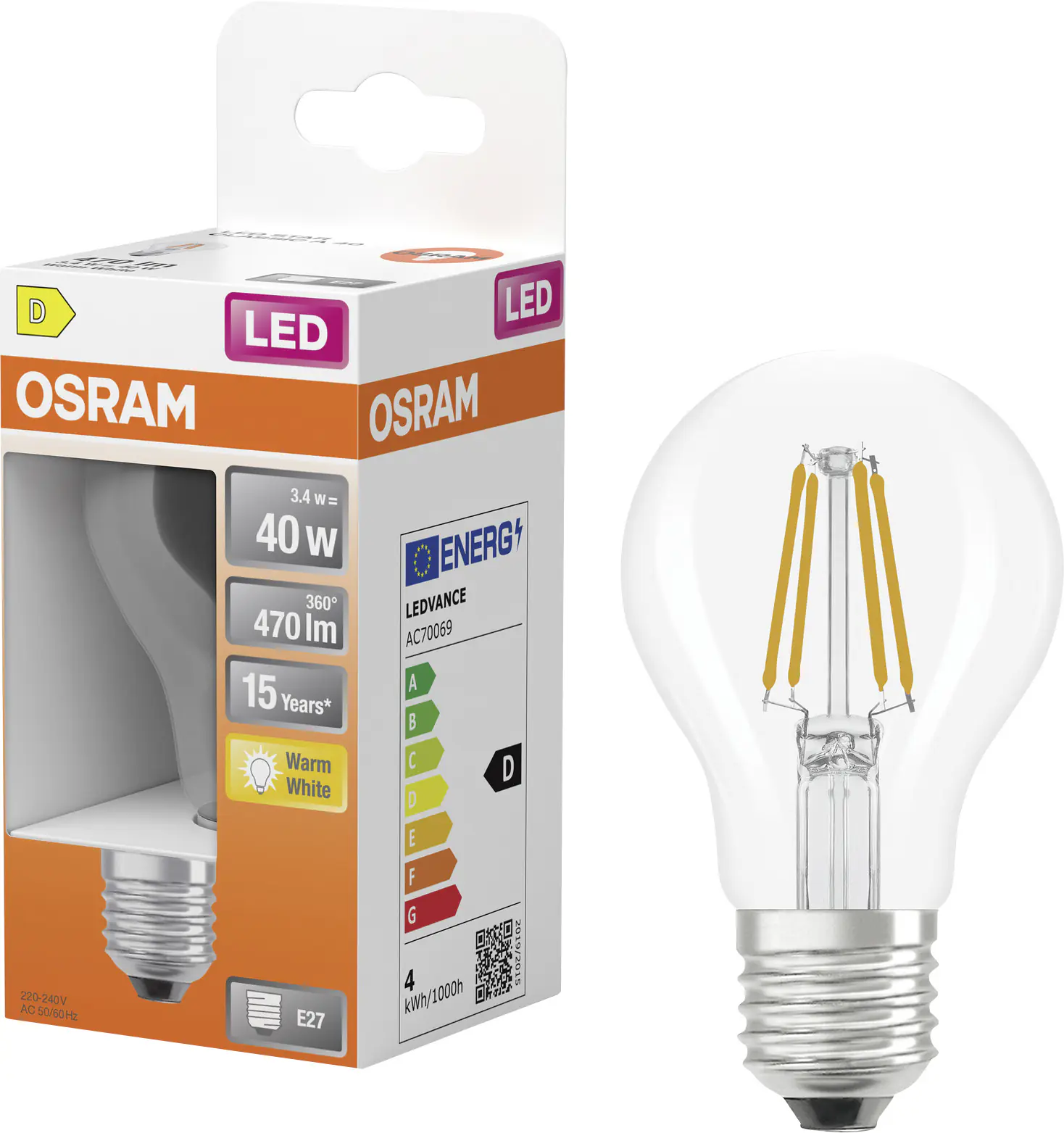 Osram LED Leuchtmittel Star Classic A 40 Filament 3,4W 827 klar E27