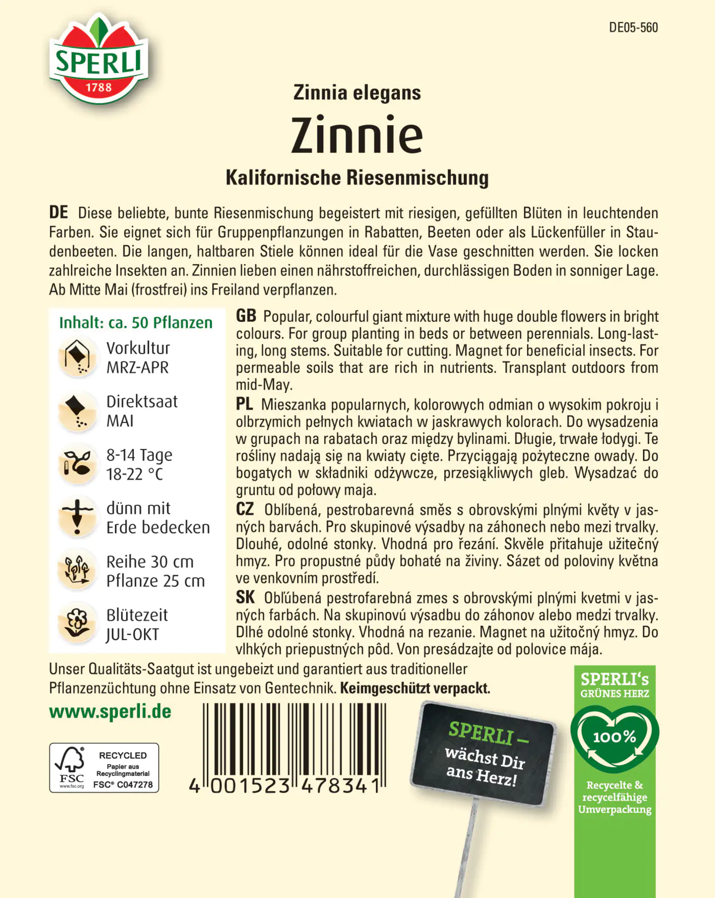 Sperli Zinnie Kalifornische Riesenmischung