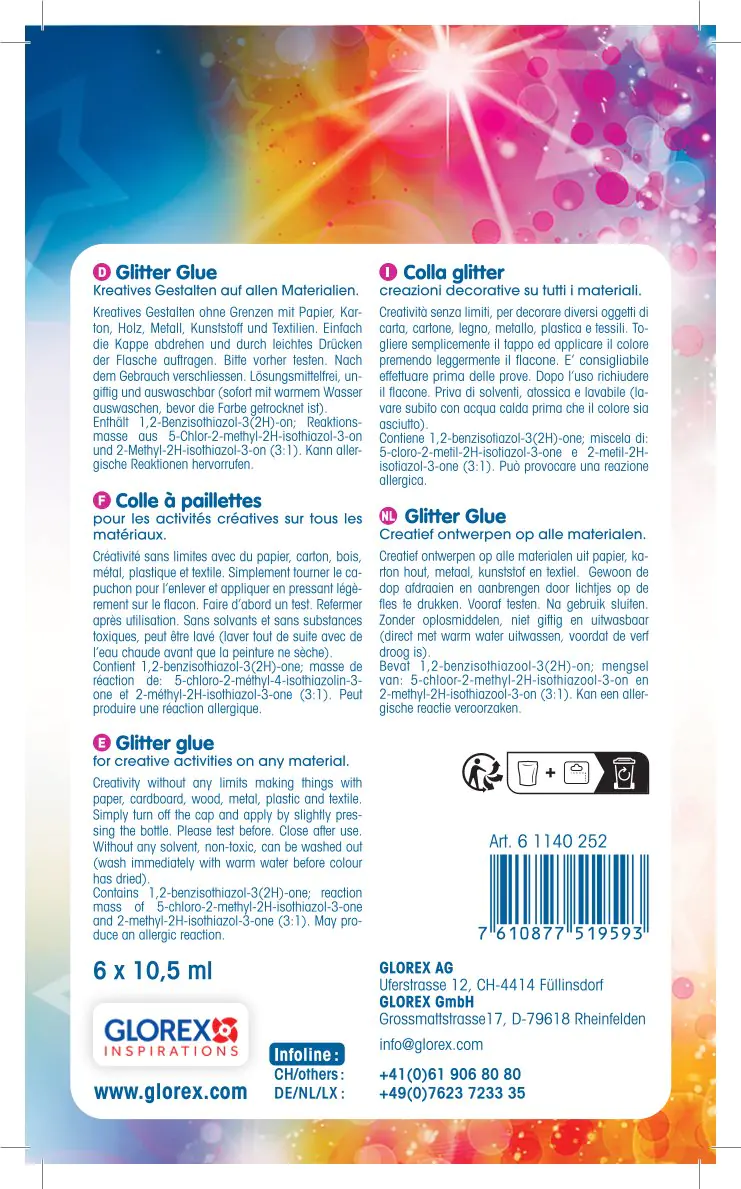 Glorex Glitterglue Stifte Rainbow 6 x 10,5 ml Glorex Glitterglue Stifte Rainbow 6 x 10,5 ml