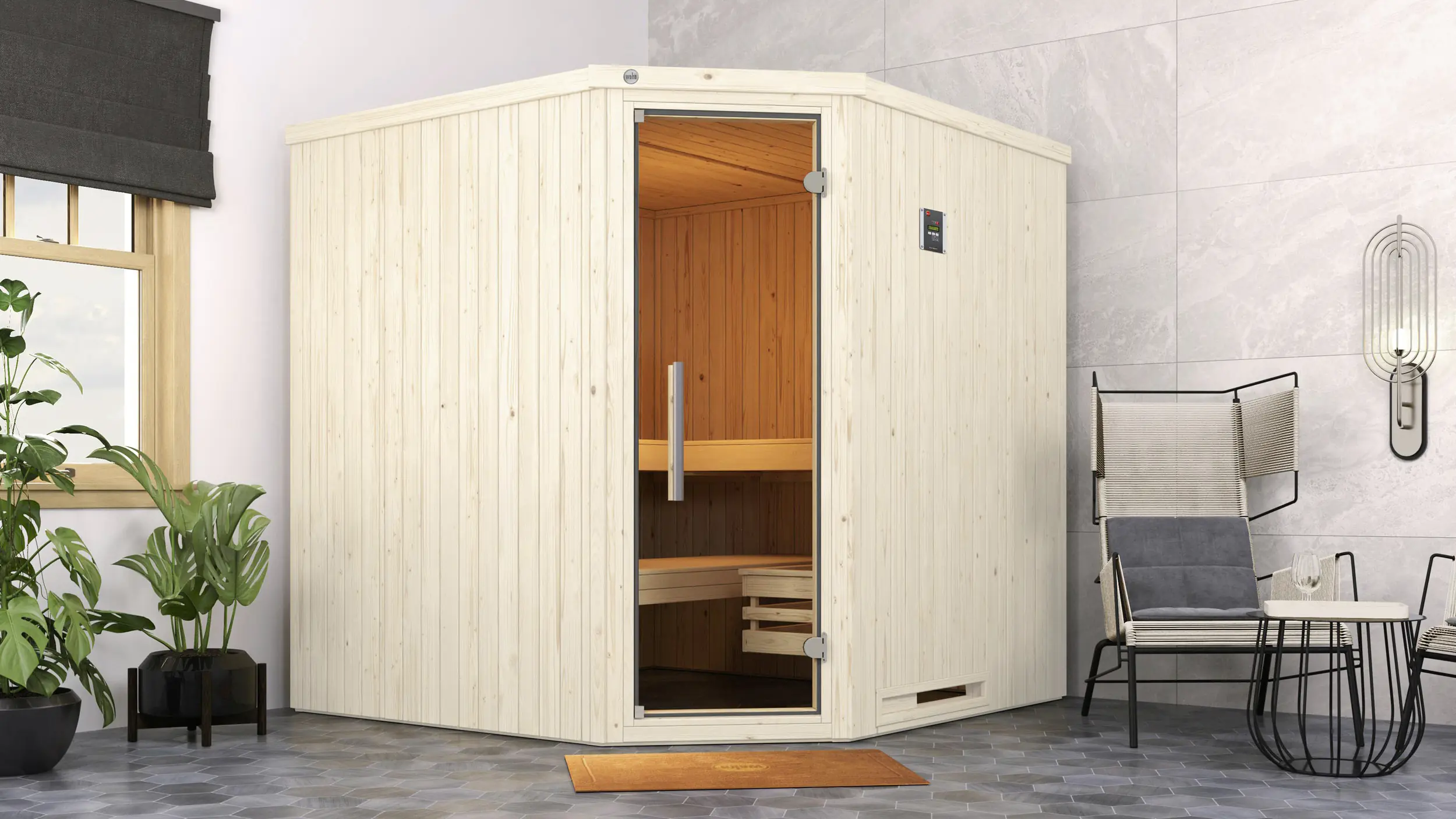 Weka Sauna Varberg 3 mit Glastür 2,73 m² + 7,5 kW Ofen