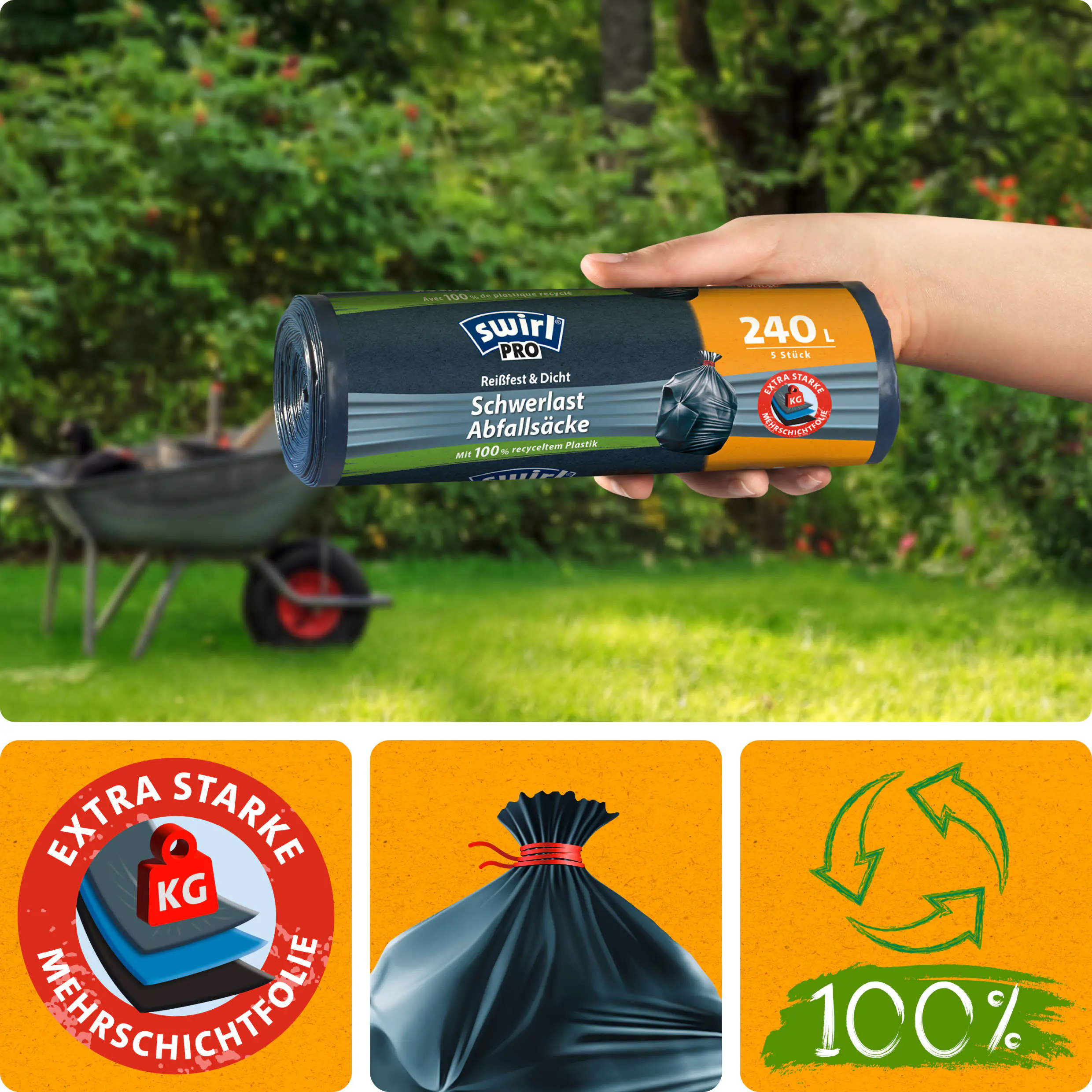 Swirl® Schwerlast-Säcke Profi mit Zugband 240 L Reißfest & Dicht