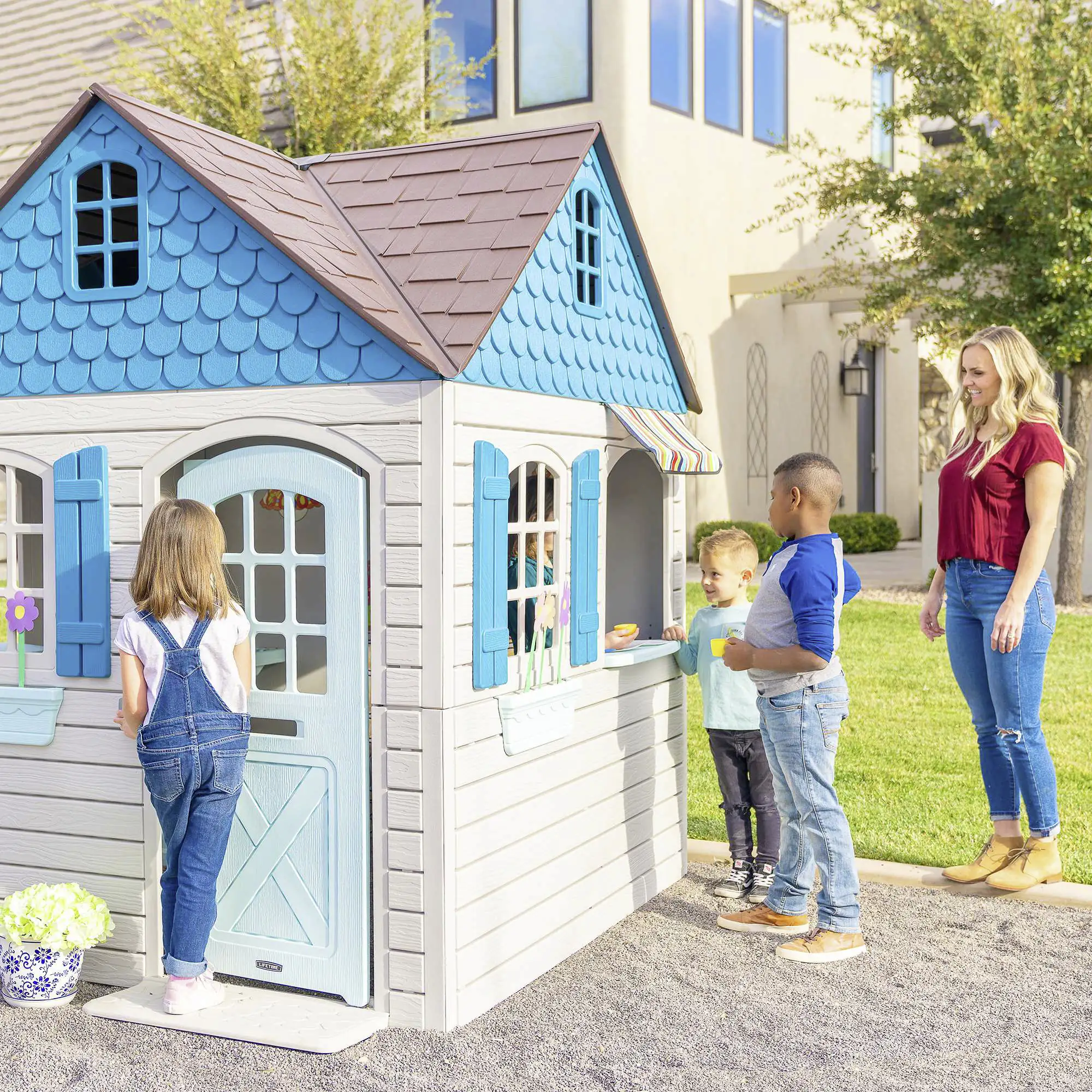 0081483820927_3018933 Lifetime Kinderspielhaus Flipper Gartenhaus Spielgerät lichtgrau blau 186 x 186 cm