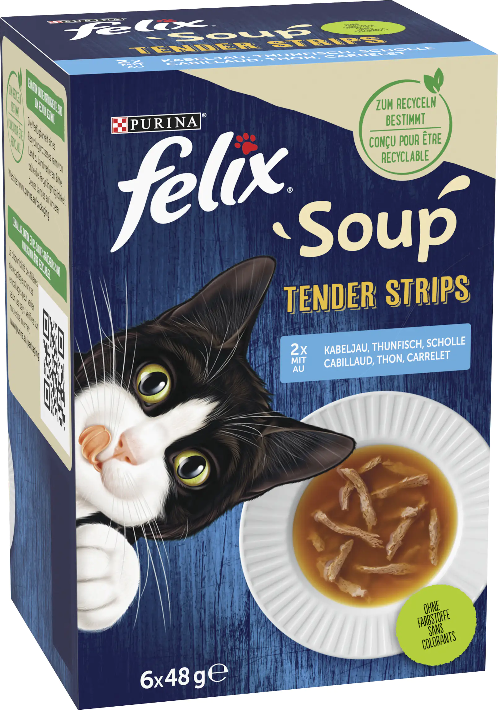 Felix Soup Tender Strips mit Kabeljau, Thunfisch & Scholle 6 x 48 g Felix Soup Tender Strips mit Kabeljau, Thunfisch & Scholle 6 x 48 g