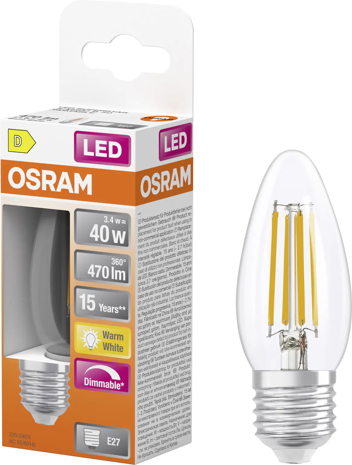 Osram LED Leuchtmittel E27 Superstar Classic 3,4W klar dimmbar warmweiß