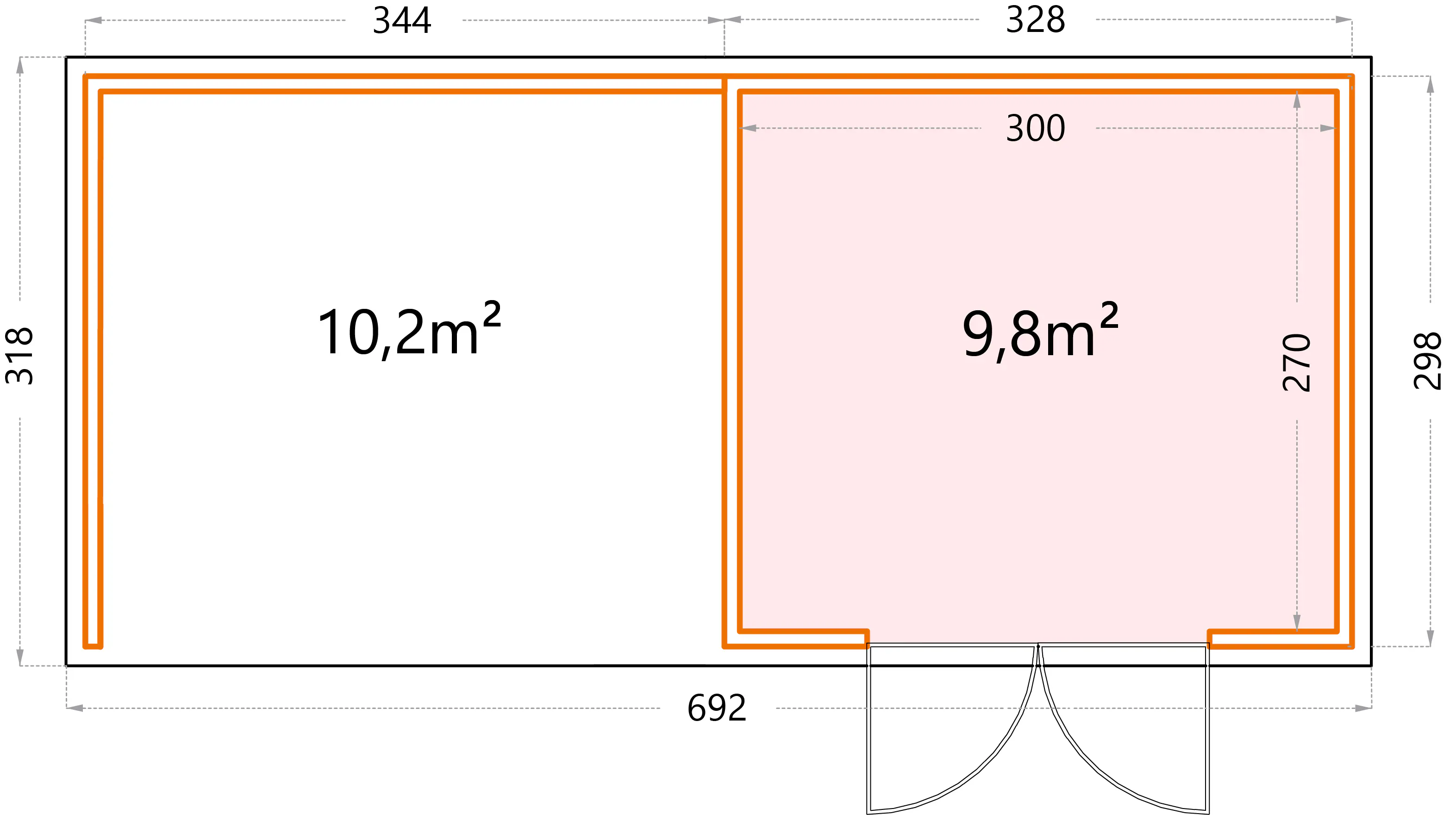 Telluria Gerätehaus Classico Lounge L 3330 links weiß 672 x 298 cm