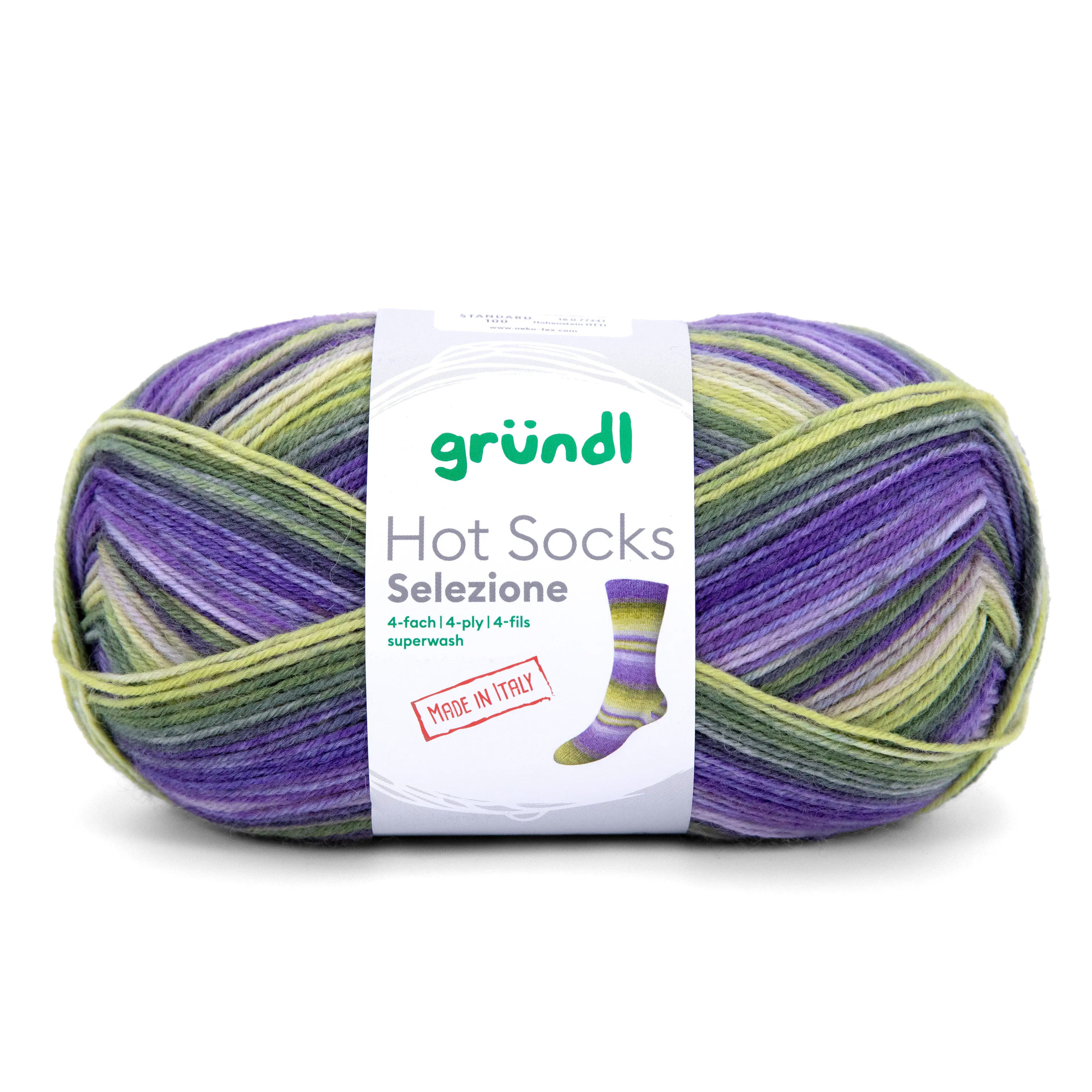 Gründl Sockenwolle Hot Socks 100 g 4-fach, limette-olivgrün-brombeermousse