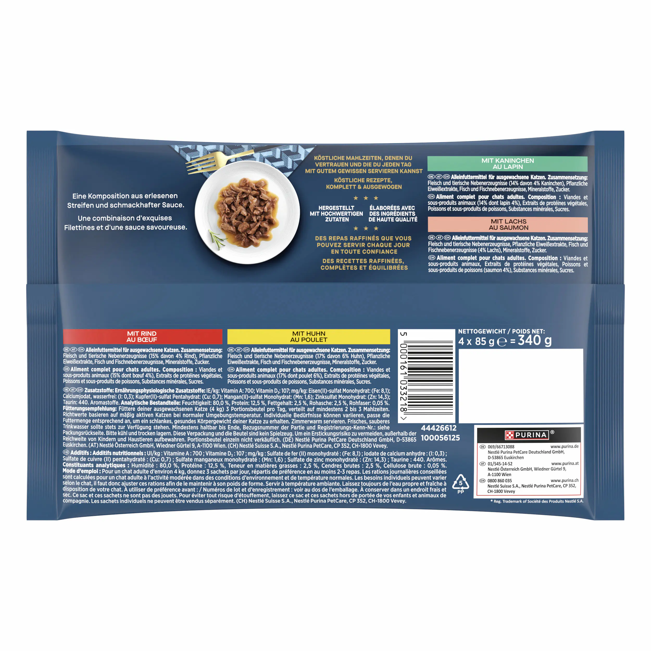 Gourmet Perle Erlesene Streifen mit Rind Kaninchen Lachs Huhn 4x 85g